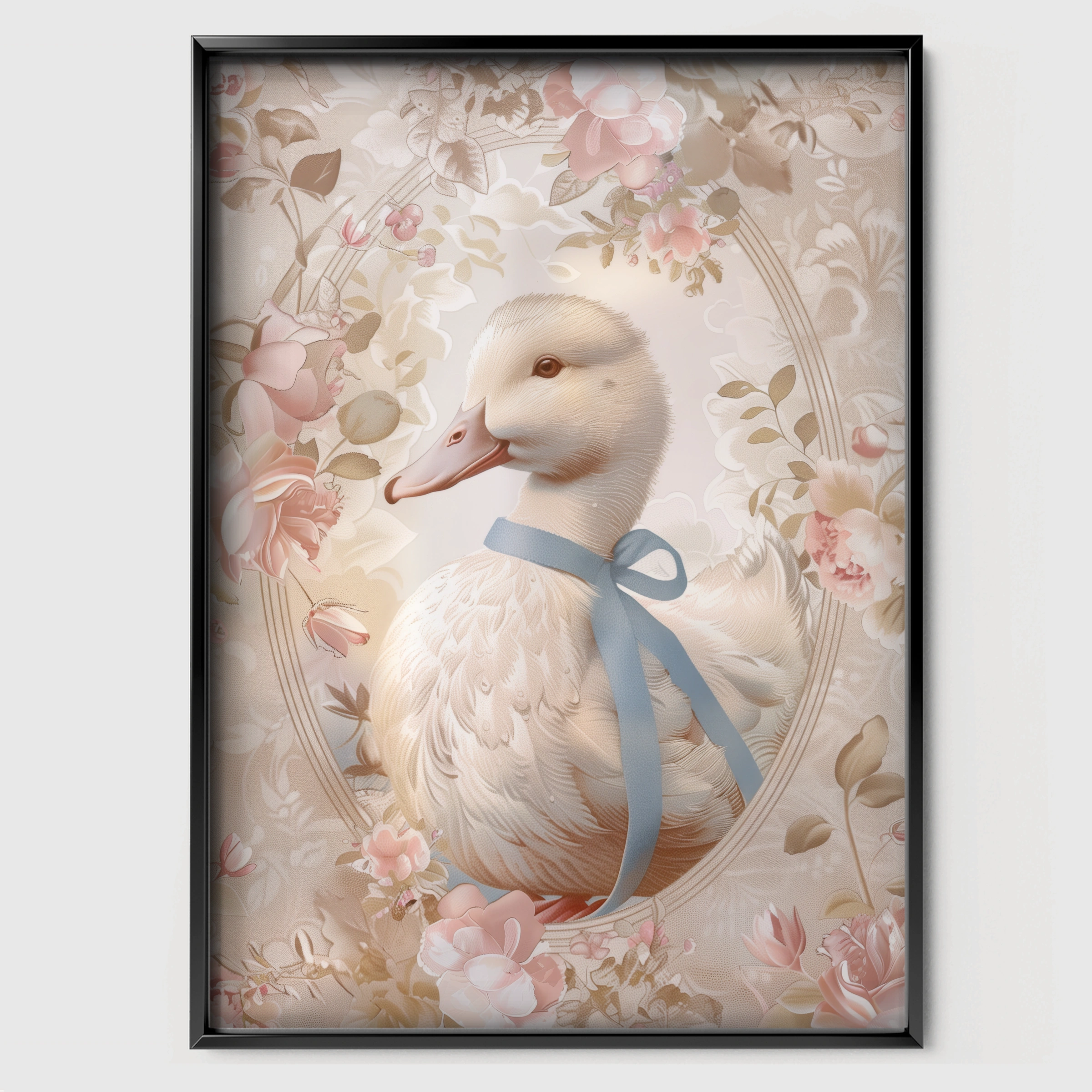 Floral Duck Nursery Print - black framed nursery wall art print