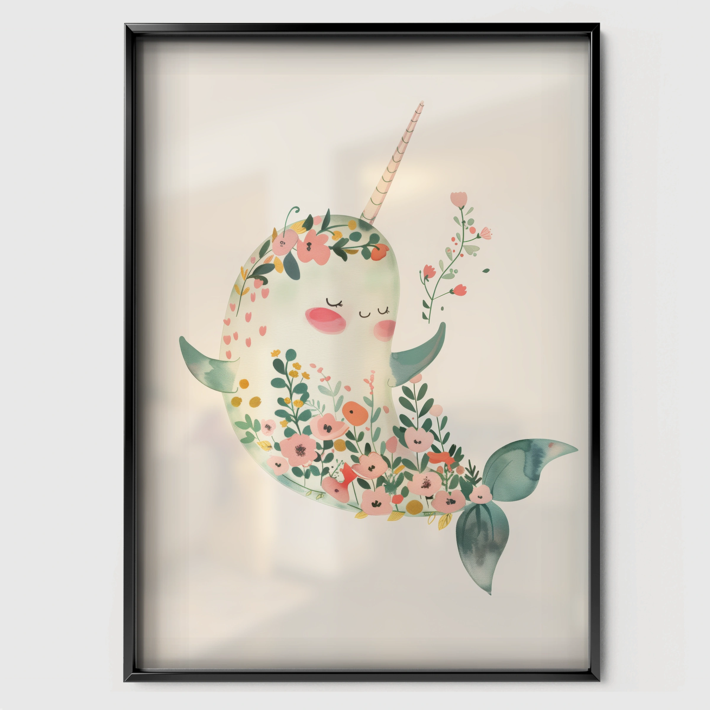 Floral Narwhal Nursery Print - black framed nursery wall art print