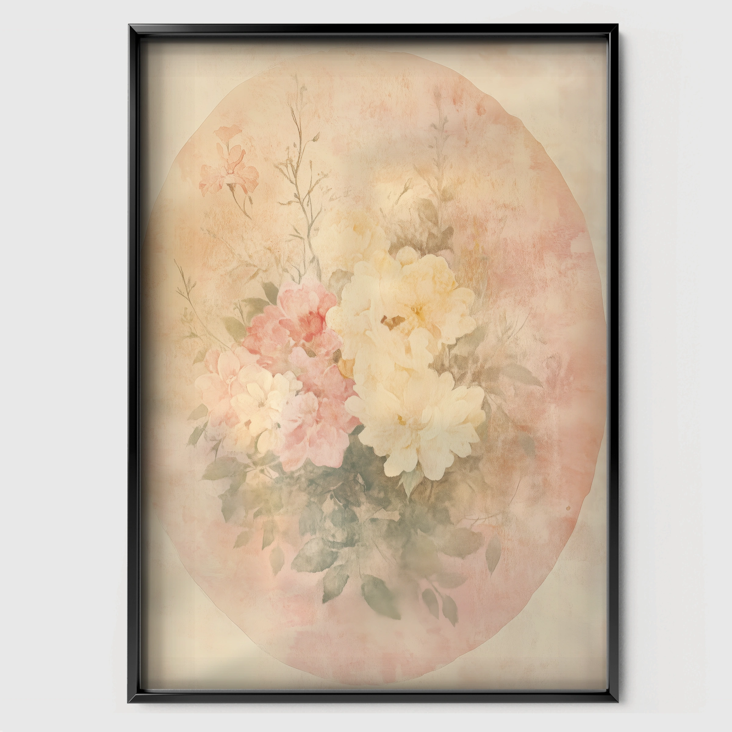 Floral Oval Nursery Print - black framed nursery wall art print