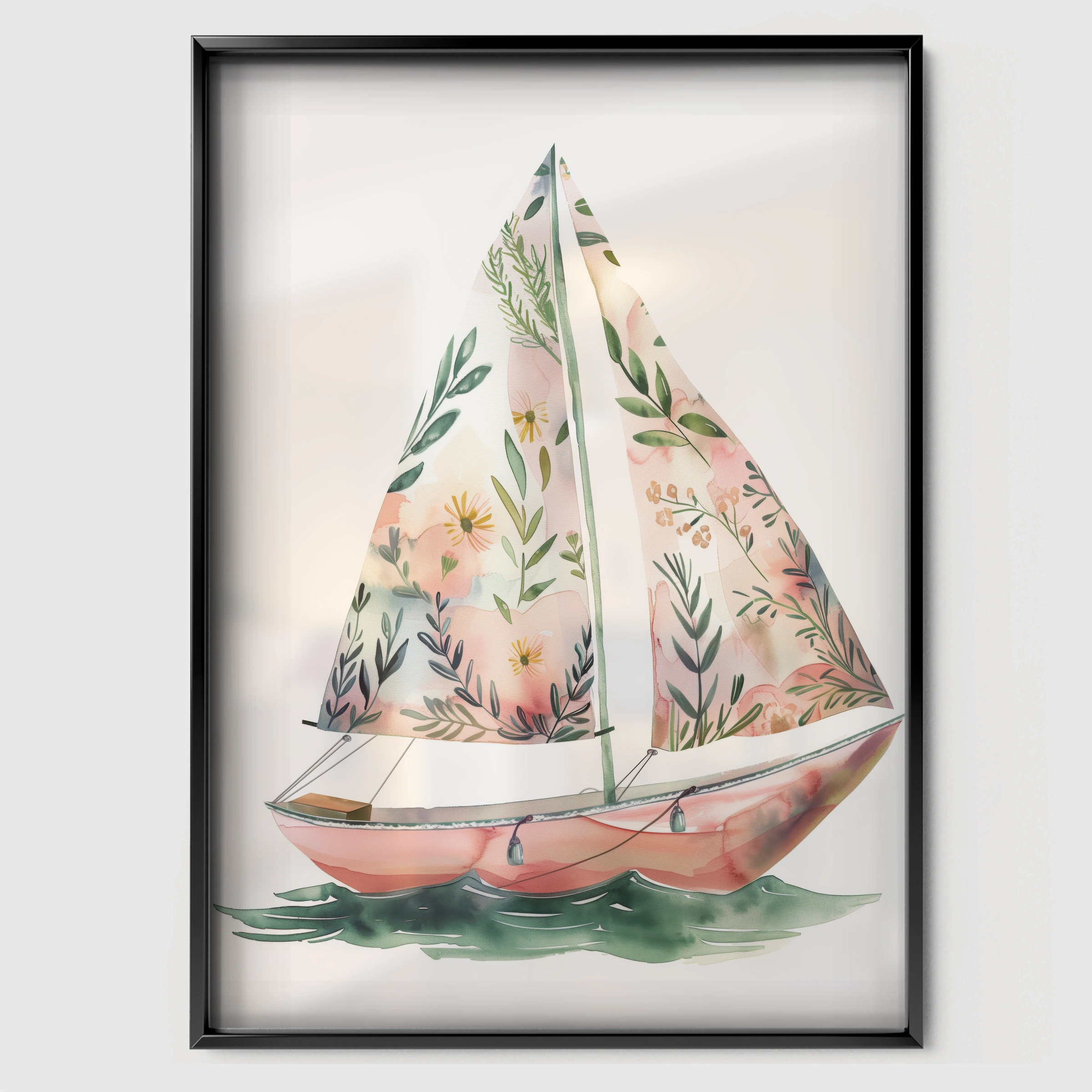 Floral Sailboat Nursery Print - black framed nursery wall art print