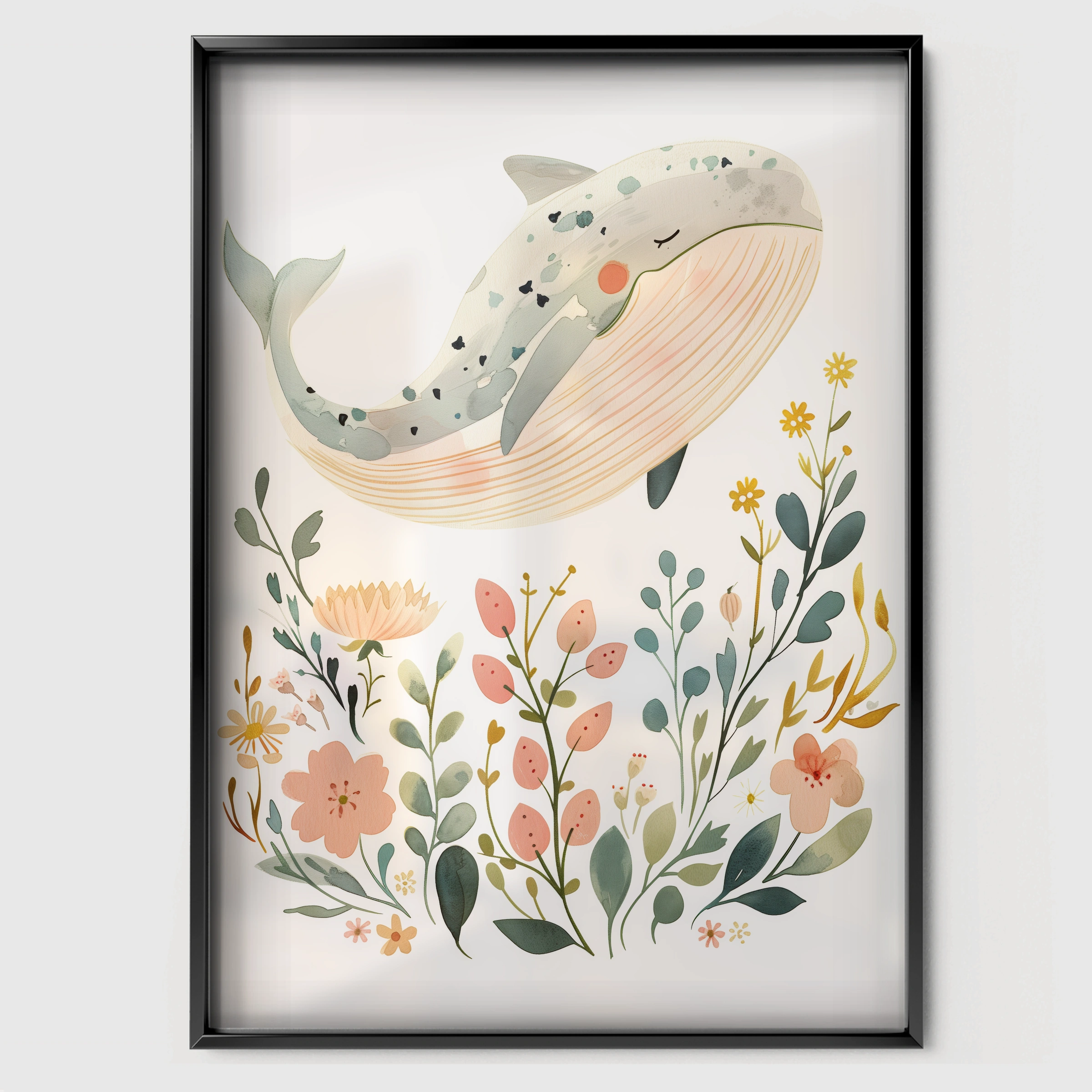 Floral Whale Nursery Print - black framed nursery wall art print