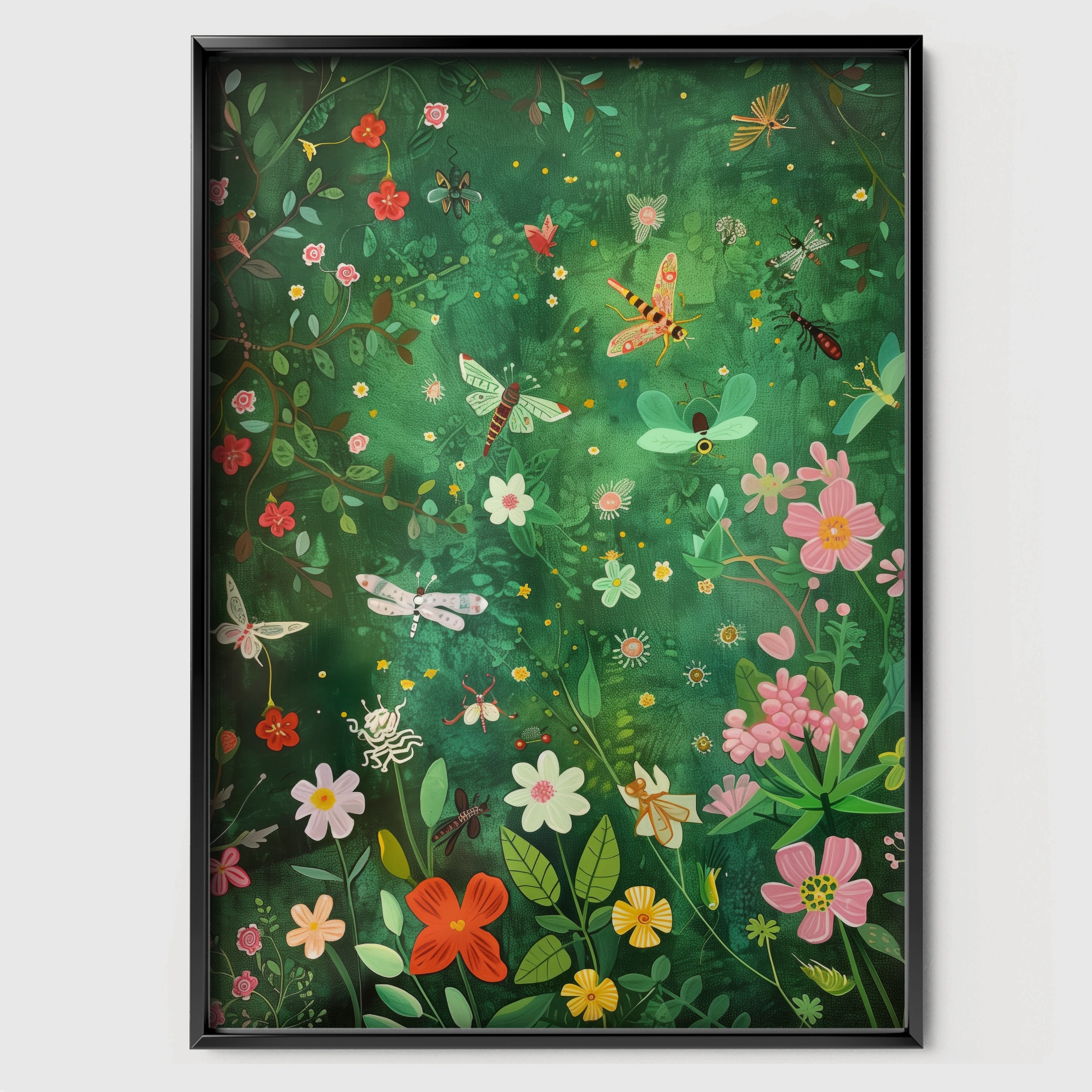 Flower and Butterfly Meadow Nursery Print - black framed nursery wall art print