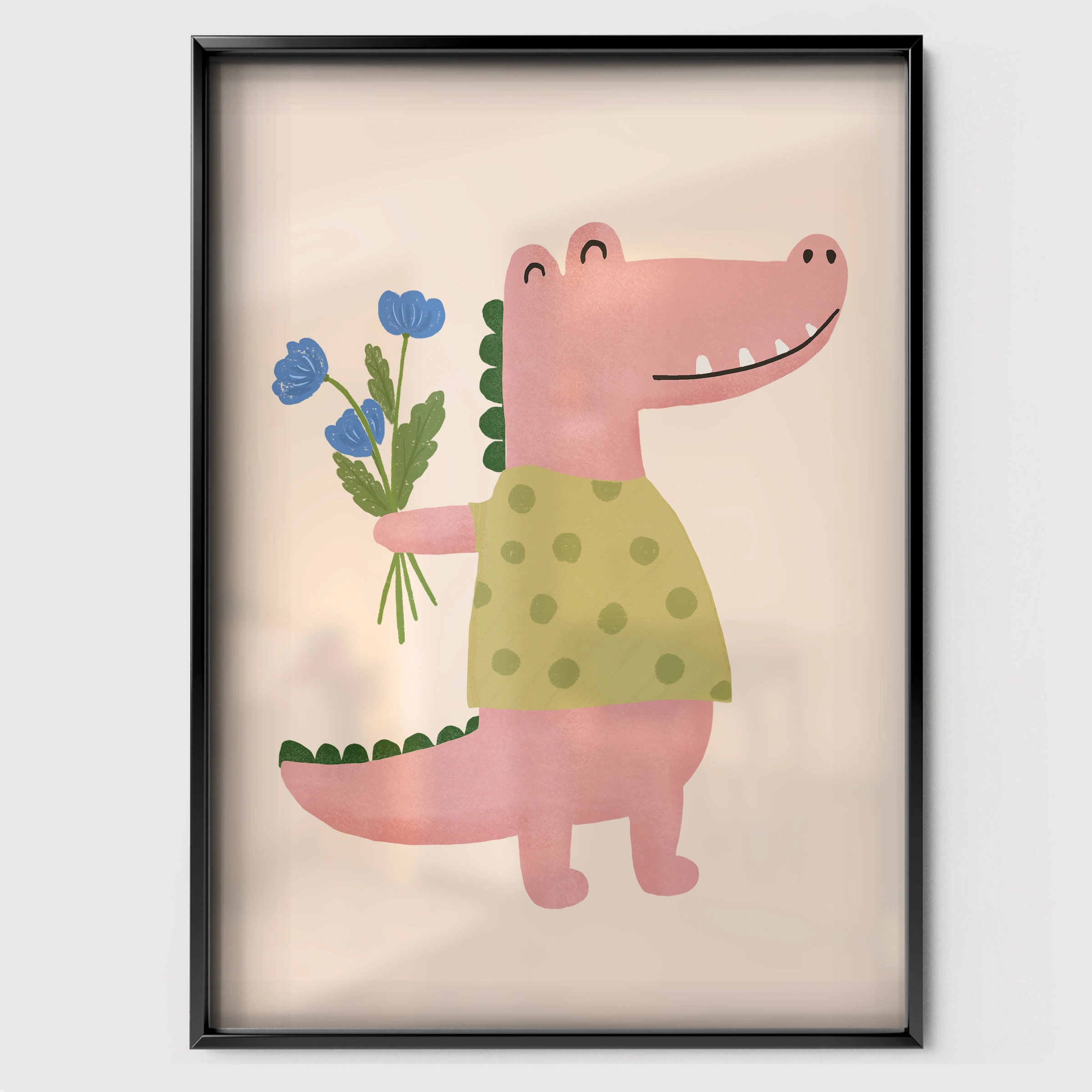 Flower Crocodile Nursery Print - black framed nursery wall art print