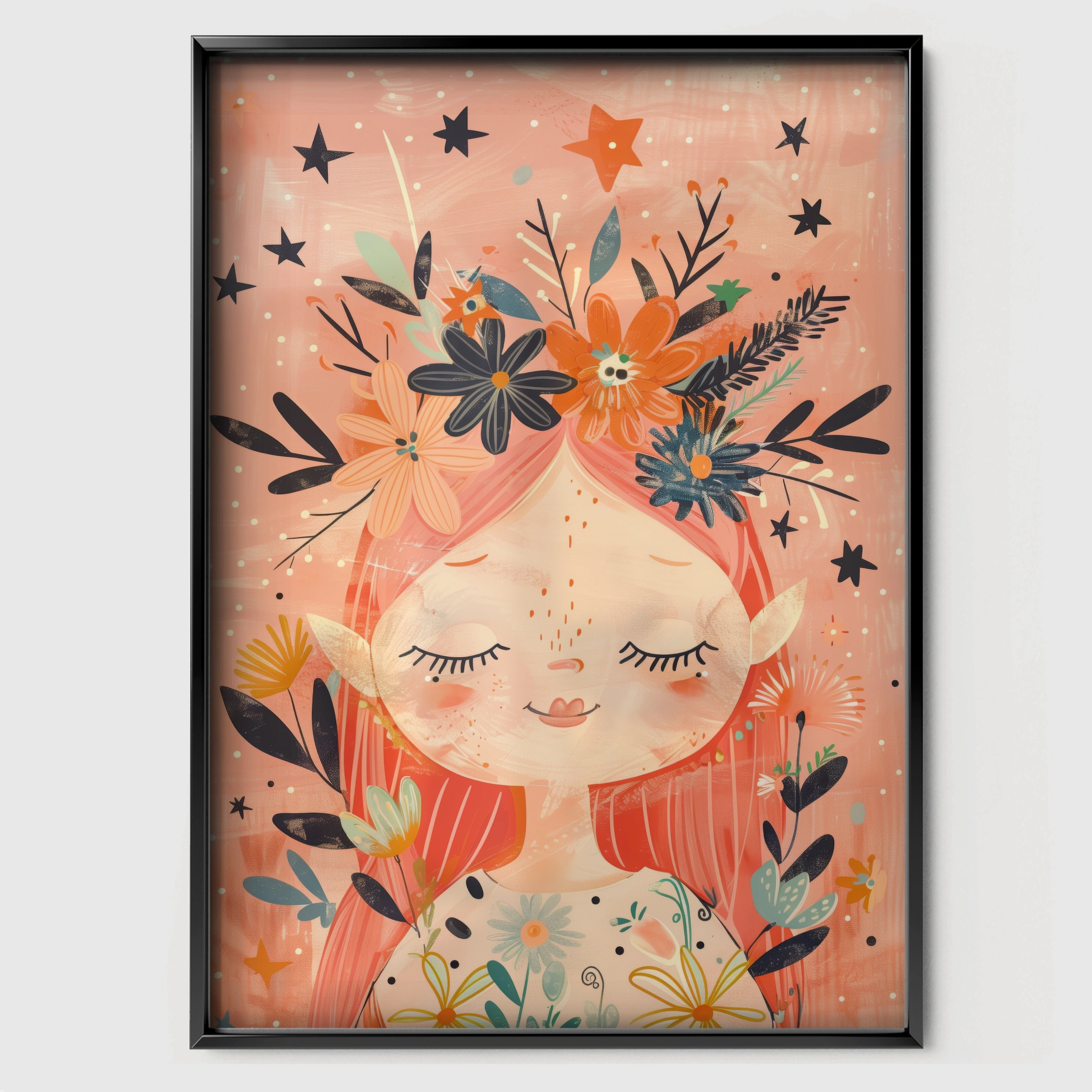Flower Crown Girl Nursery Print - black framed nursery wall art print