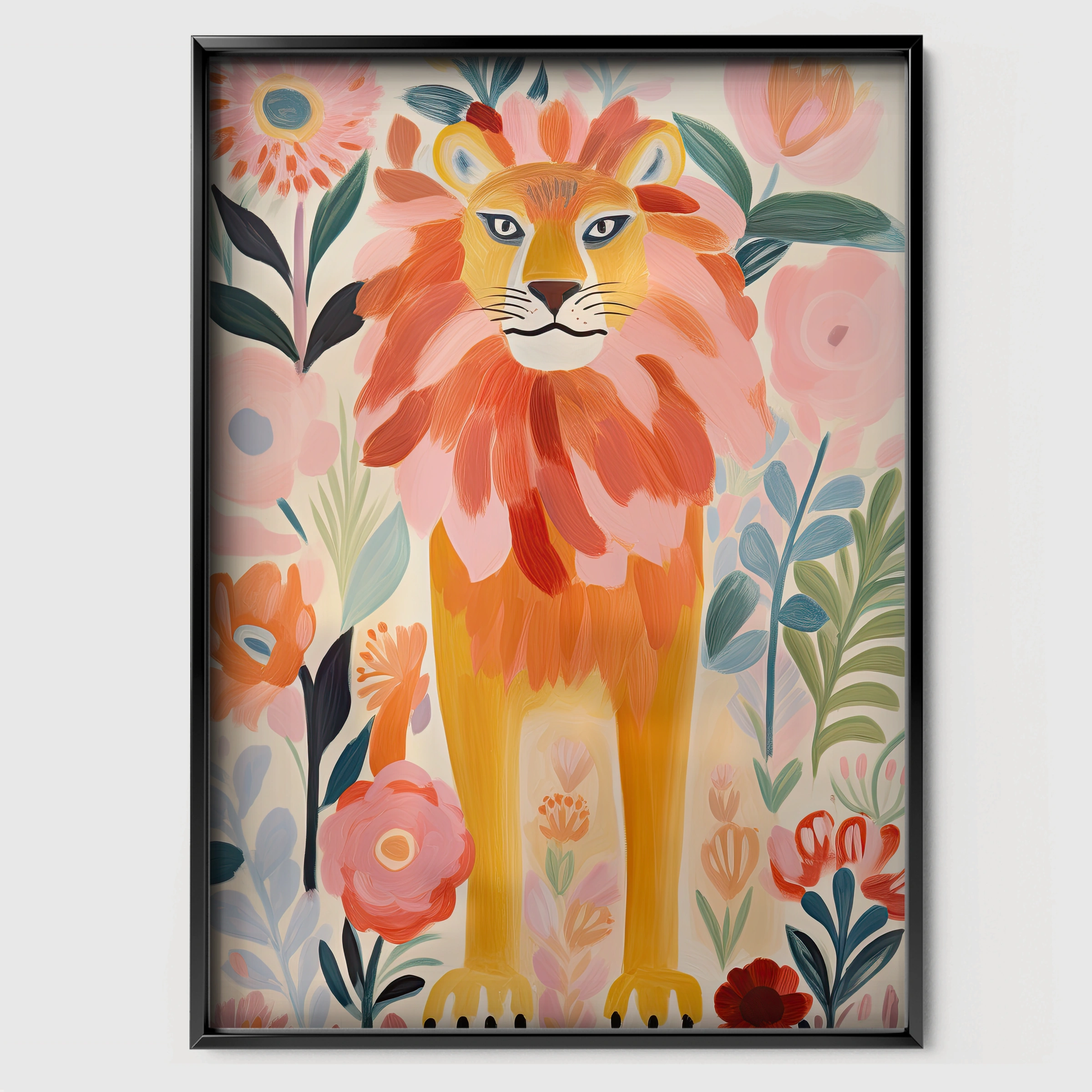 Flower Lion Nursery Print - black framed nursery wall art print