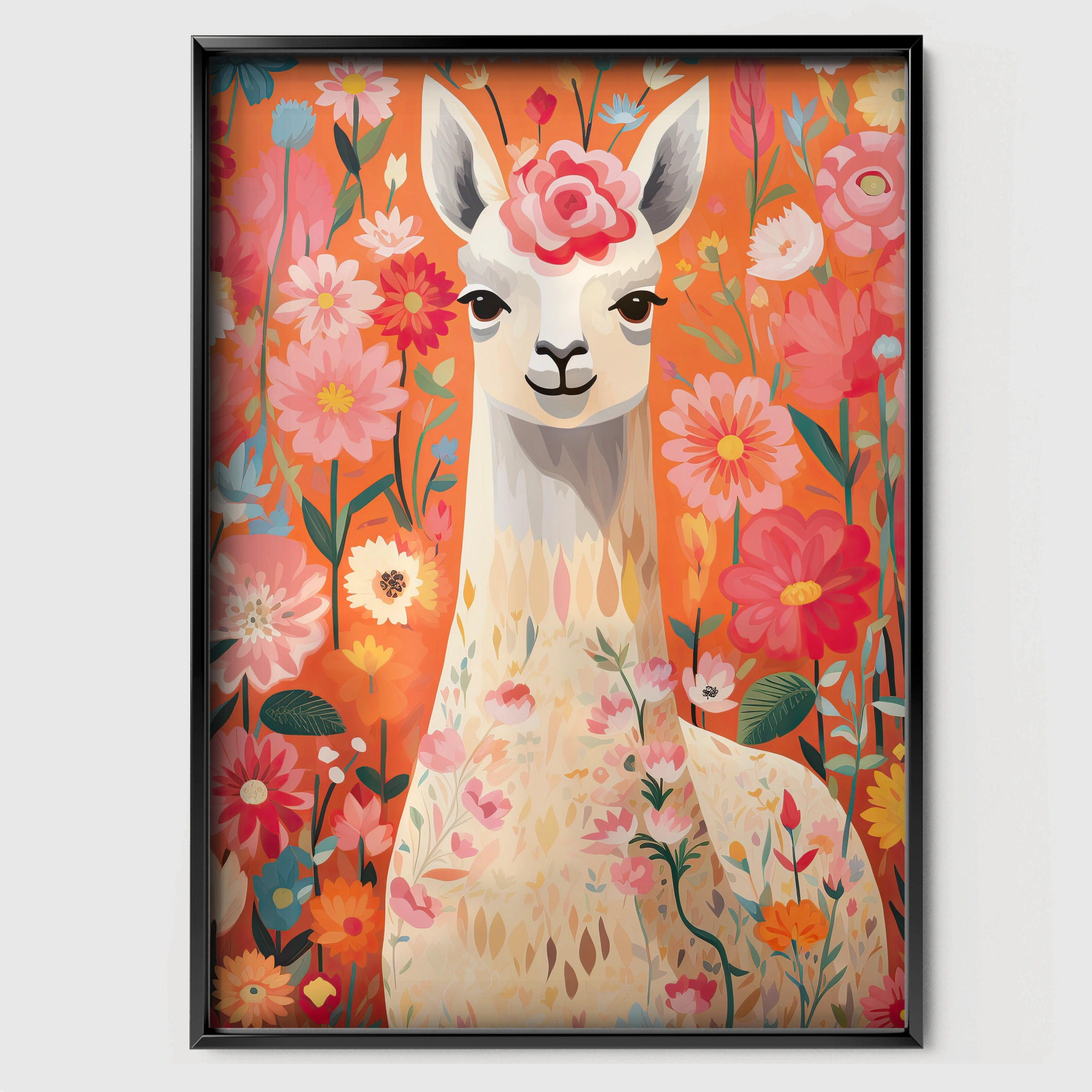 Flower Llama Nursery Print - black framed nursery wall art print