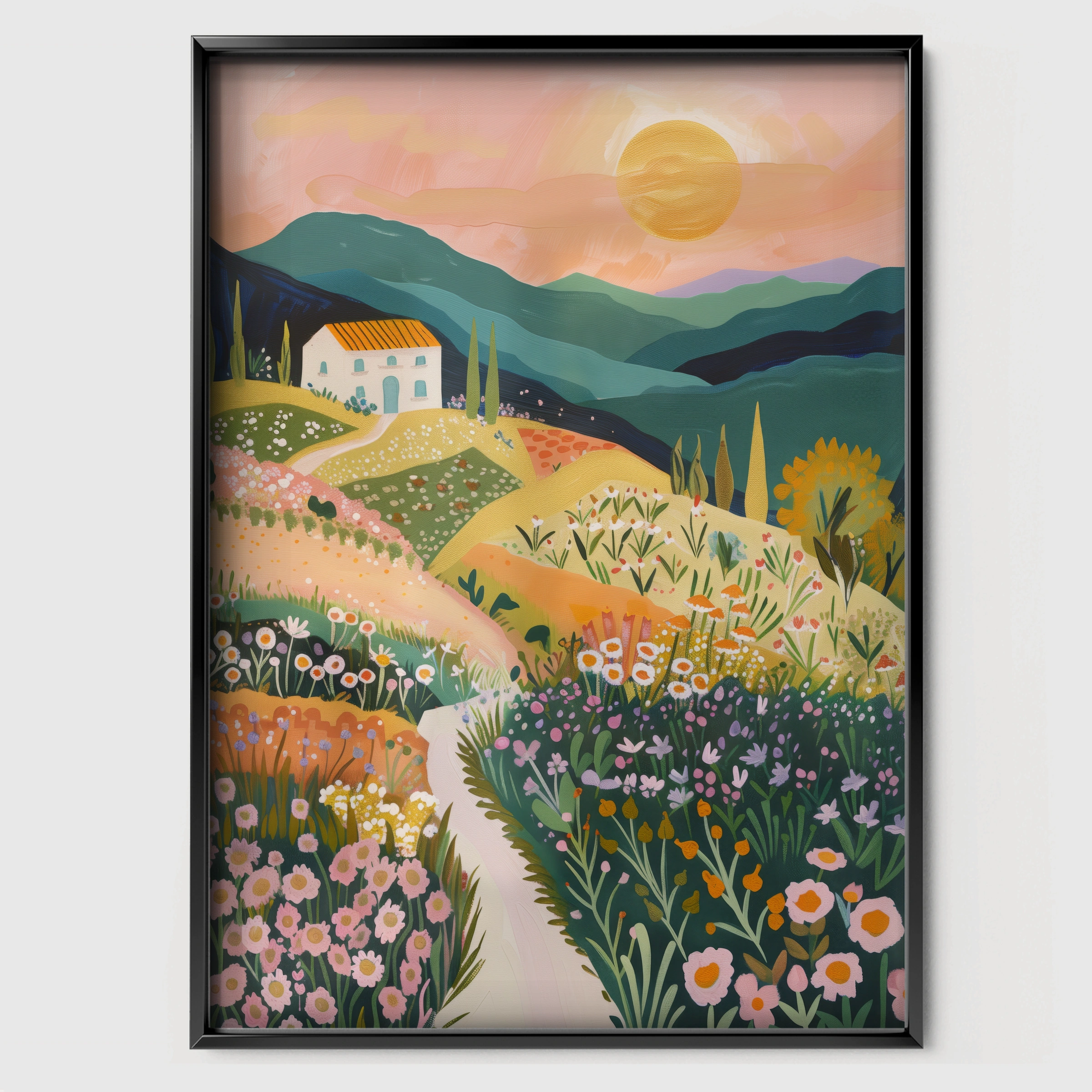 Flower Valley Nursery Print - black framed nursery wall art print