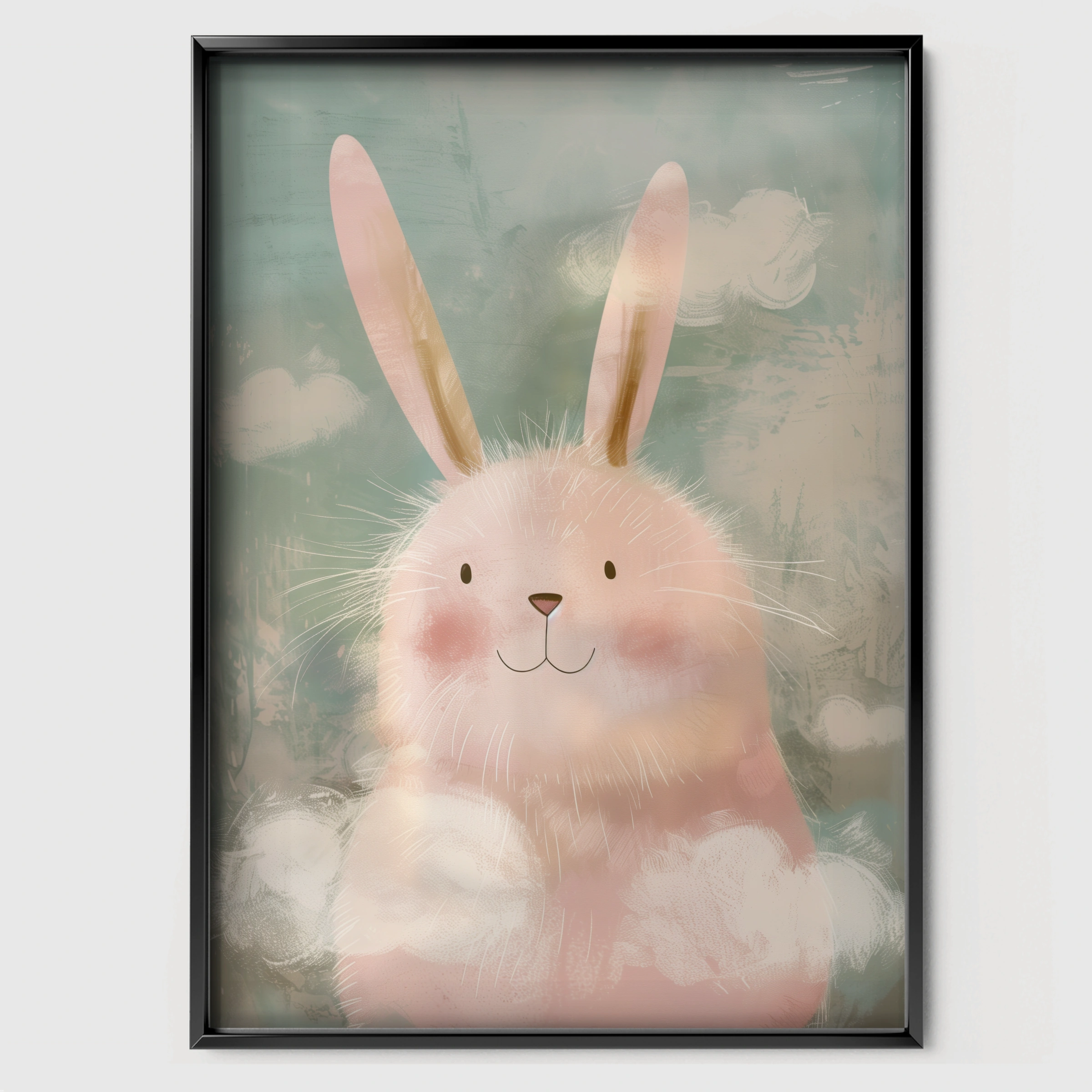 Fluffy Bunny in Clouds Nursery Print - black framed nursery wall art print