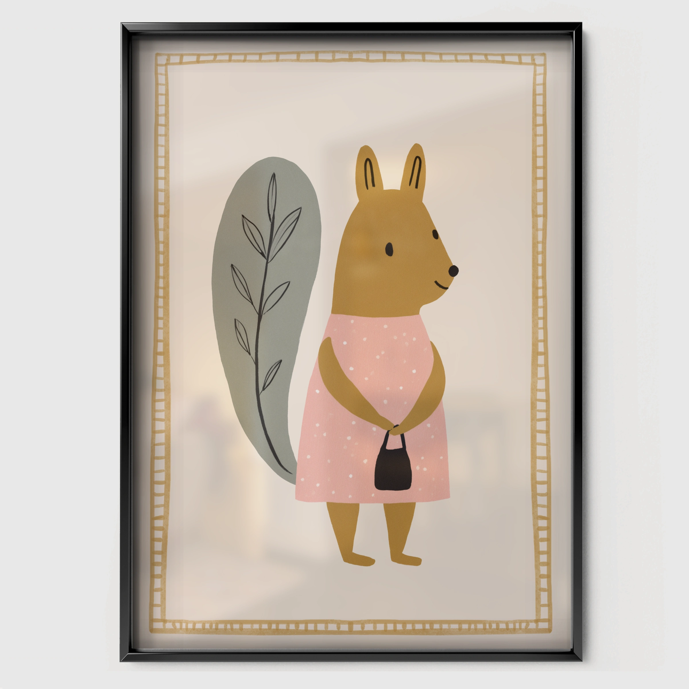Fluffy Squirrel Nursery Print - black framed nursery wall art print