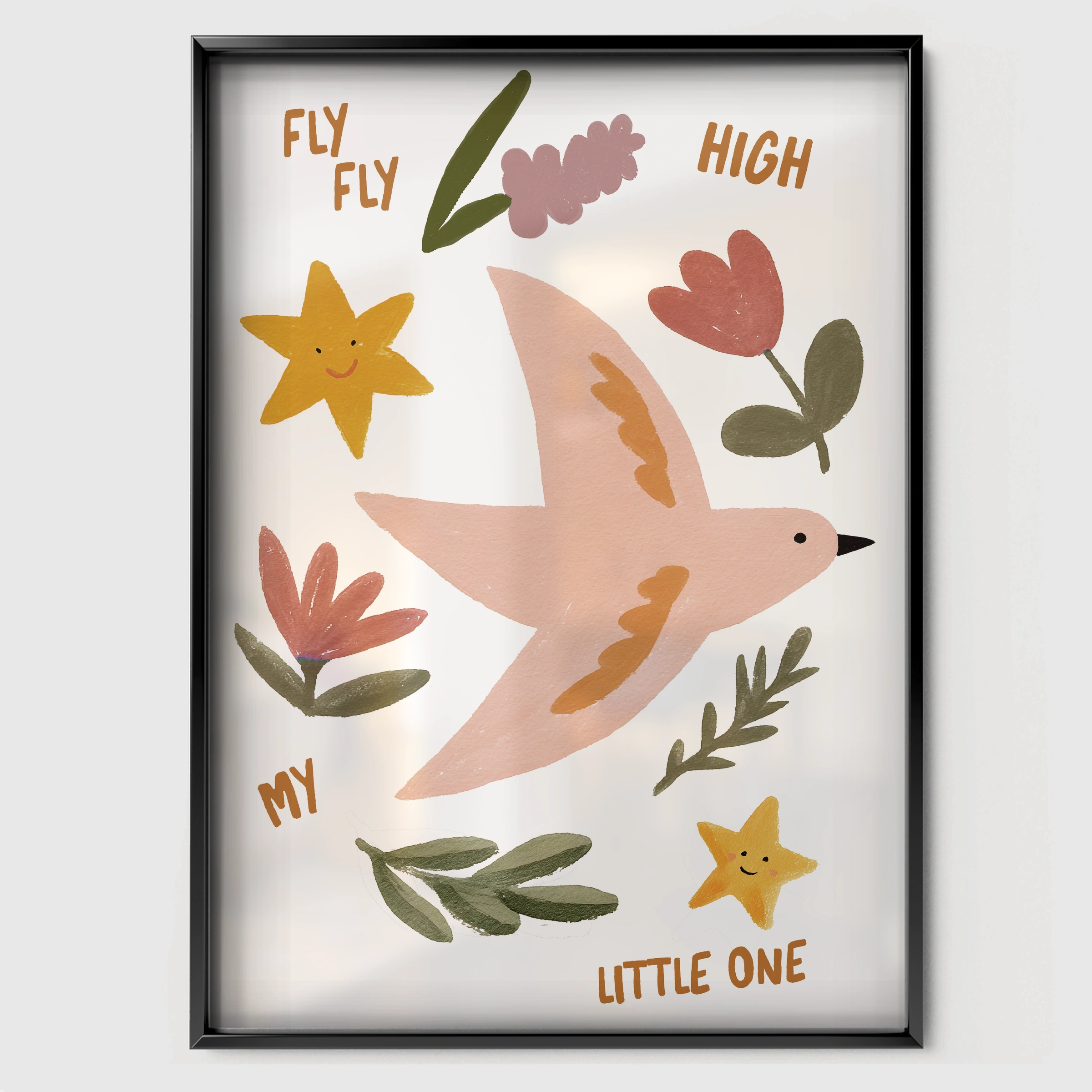 Fly Fly High Nursery Print - black framed nursery wall art print