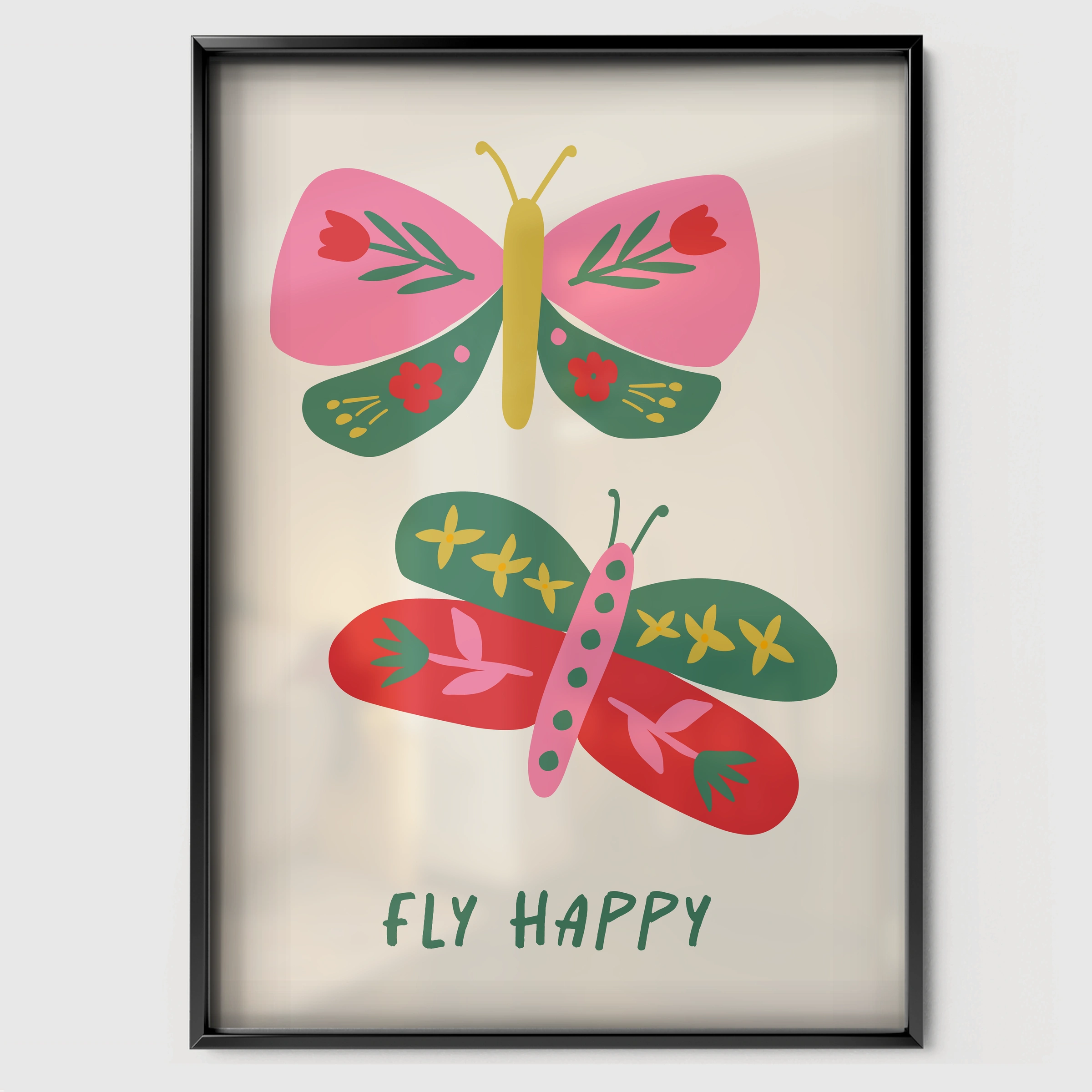 Fly Happy Butterfly Nursery Print - black framed nursery wall art print