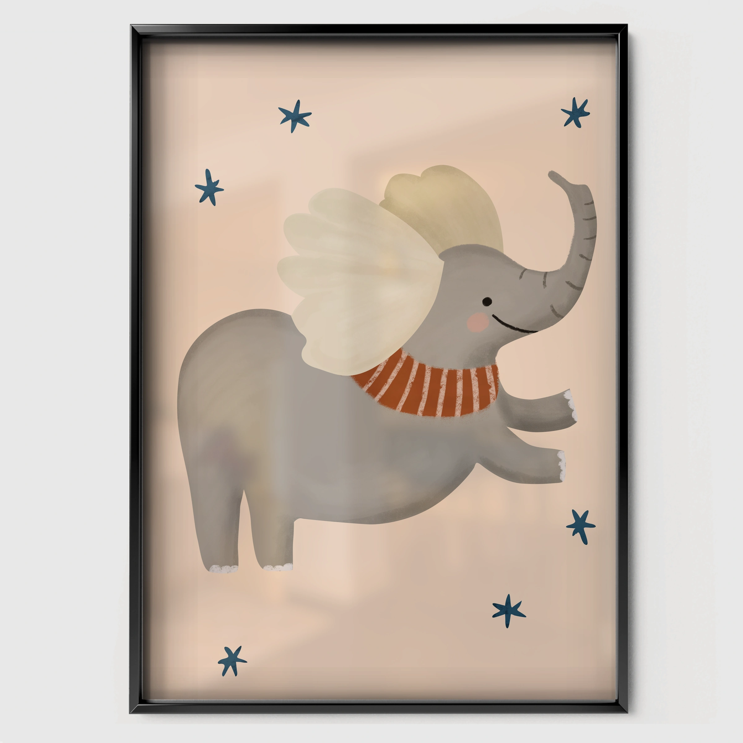 Flying Elephant Nursery Print - black framed nursery wall art print