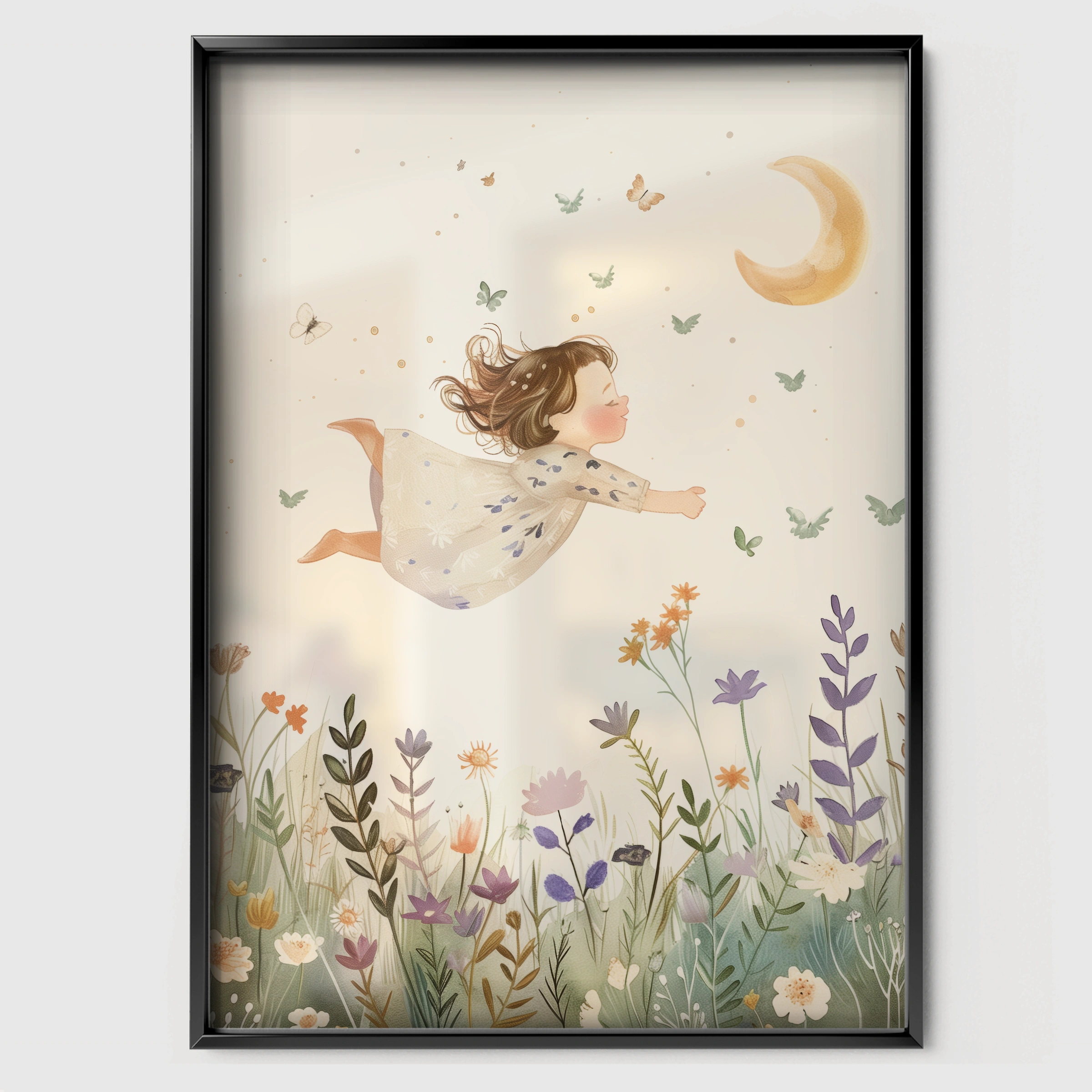 Flying Fairy Girl Nursery Print - black framed nursery wall art print