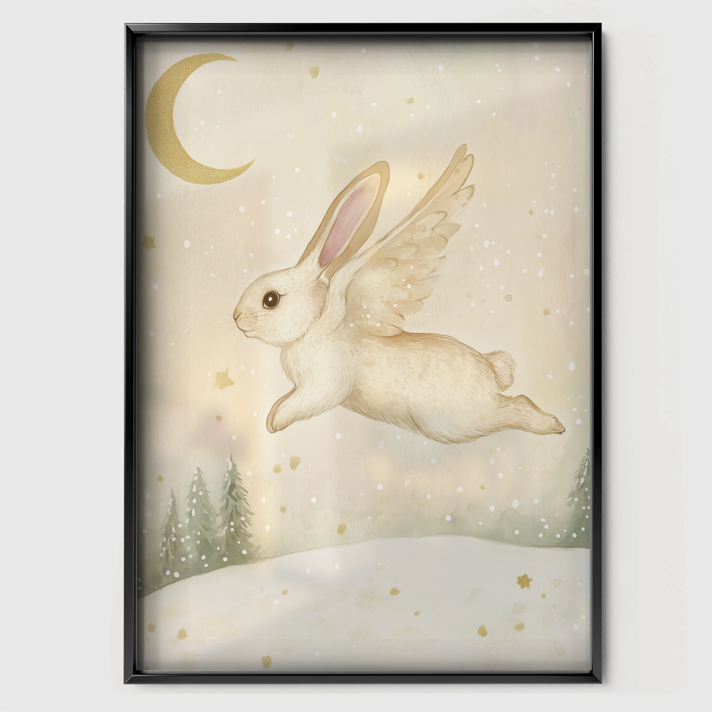 Flying Rabbit and Moon Christmas Print - black framed nursery wall art print