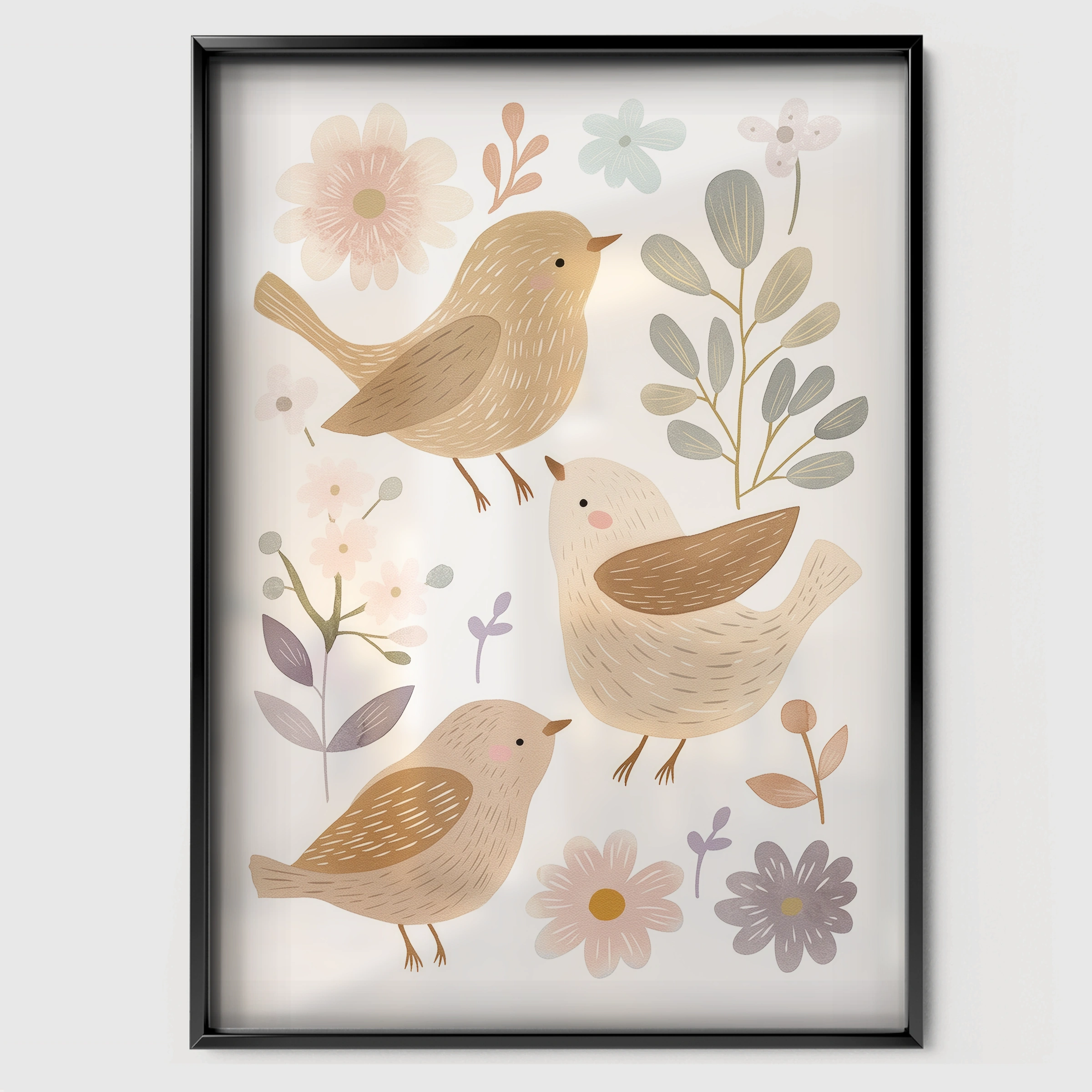Folk Bird Nursery Print - black framed nursery wall art print