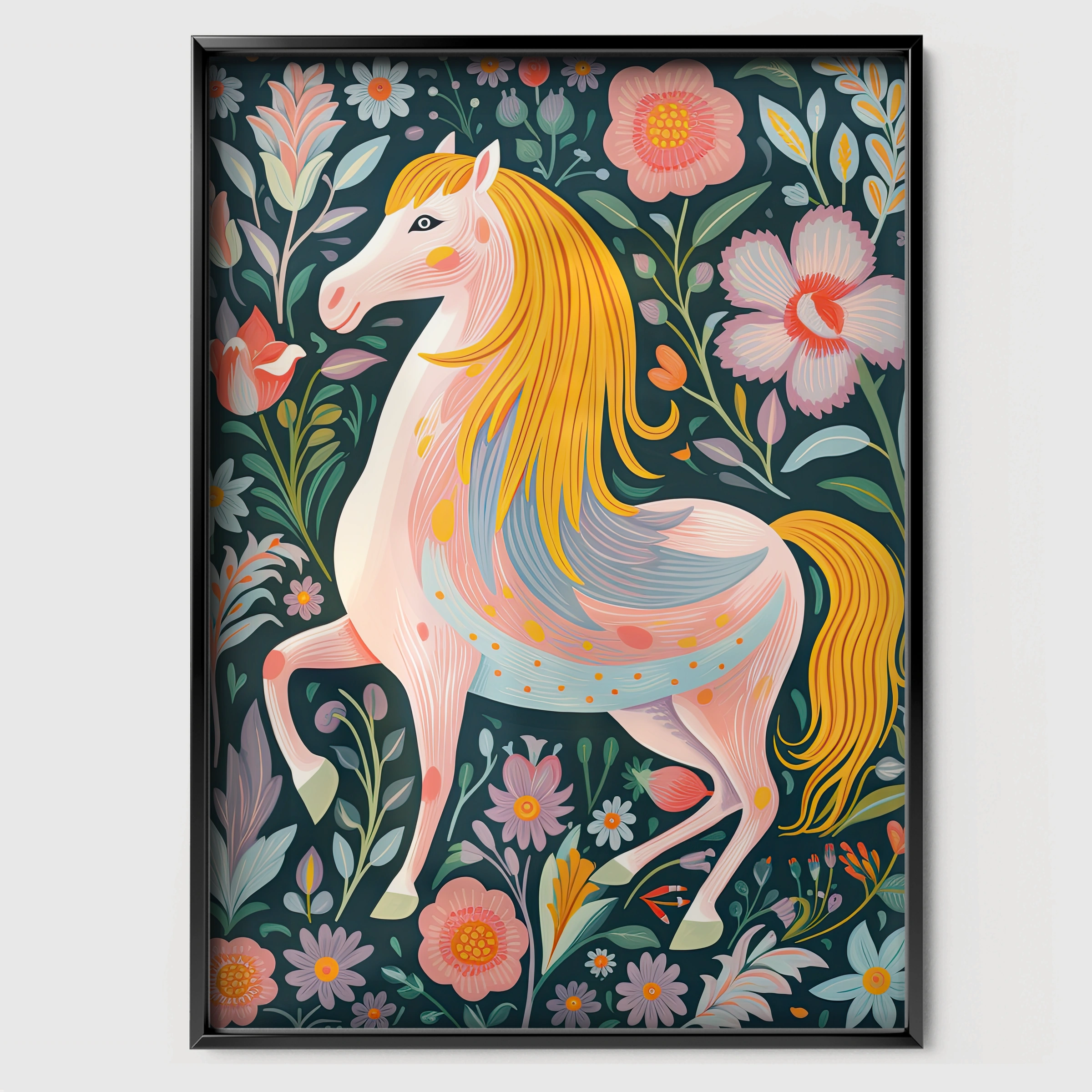 Folk Flower Horse Nursery Print - black framed nursery wall art print