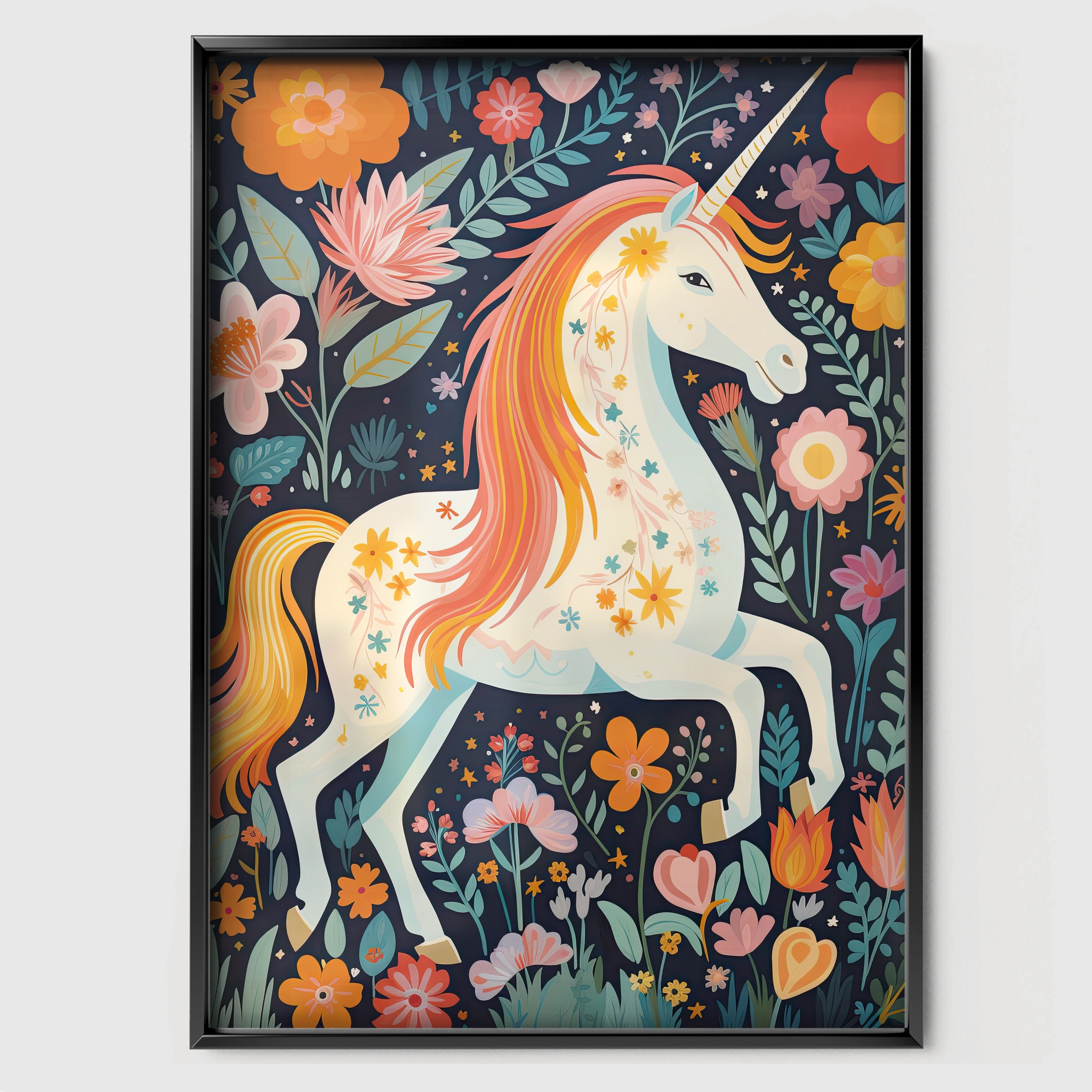 Folk Flower Unicorn Nursery Print - black framed nursery wall art print