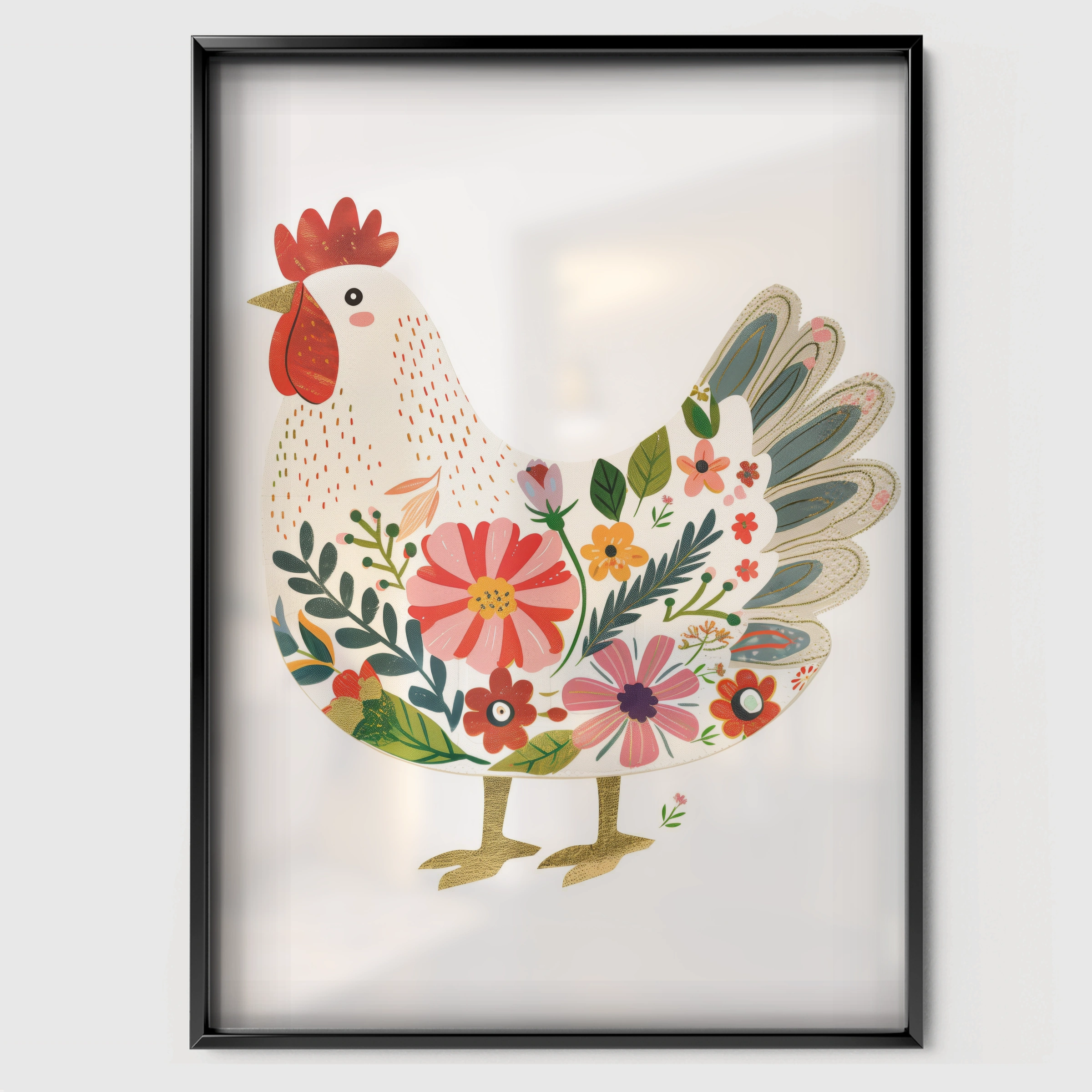 Folk Hen Nursery Print - black framed nursery wall art print
