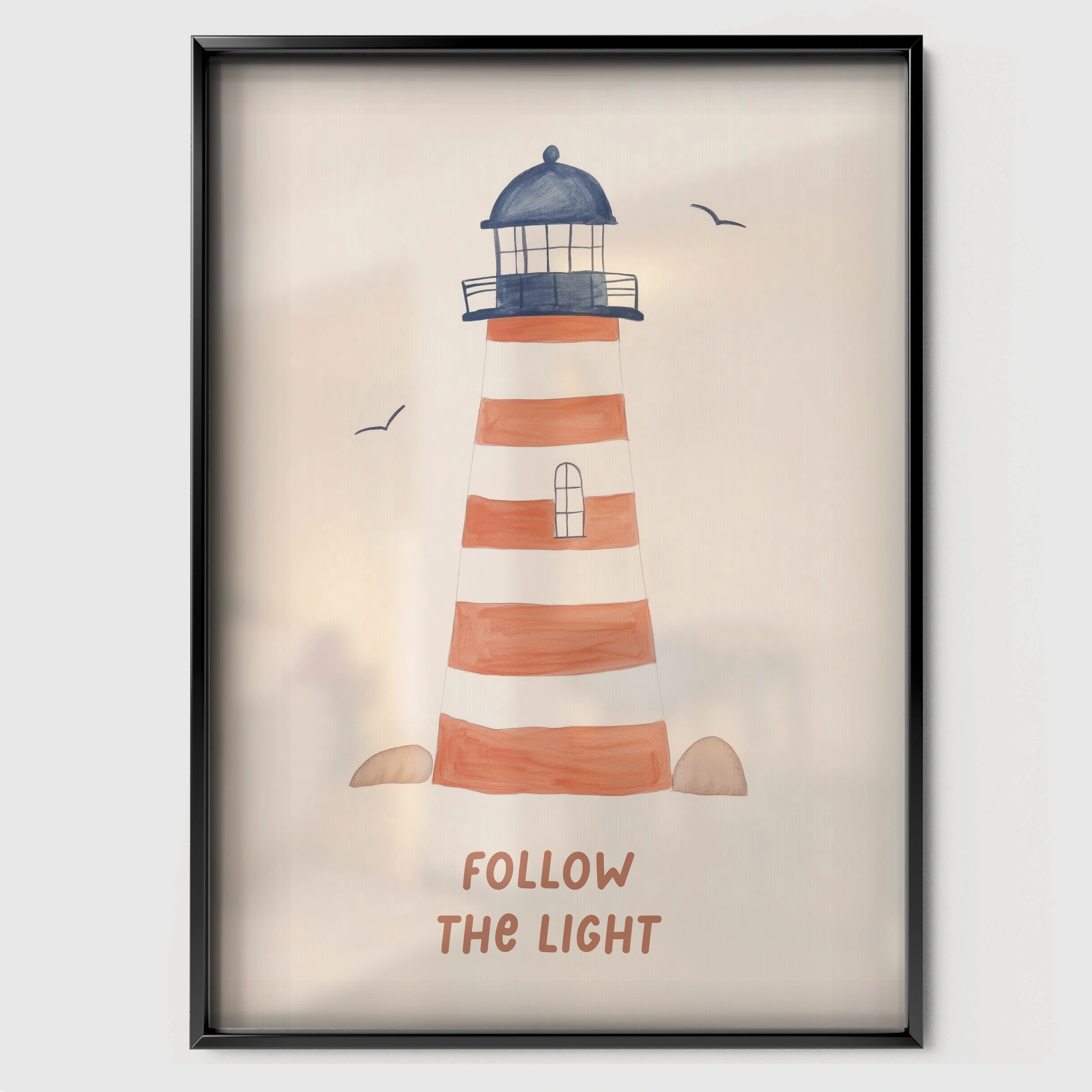 Follow The Light Lighthouse Nursery Print - black framed nursery wall art print