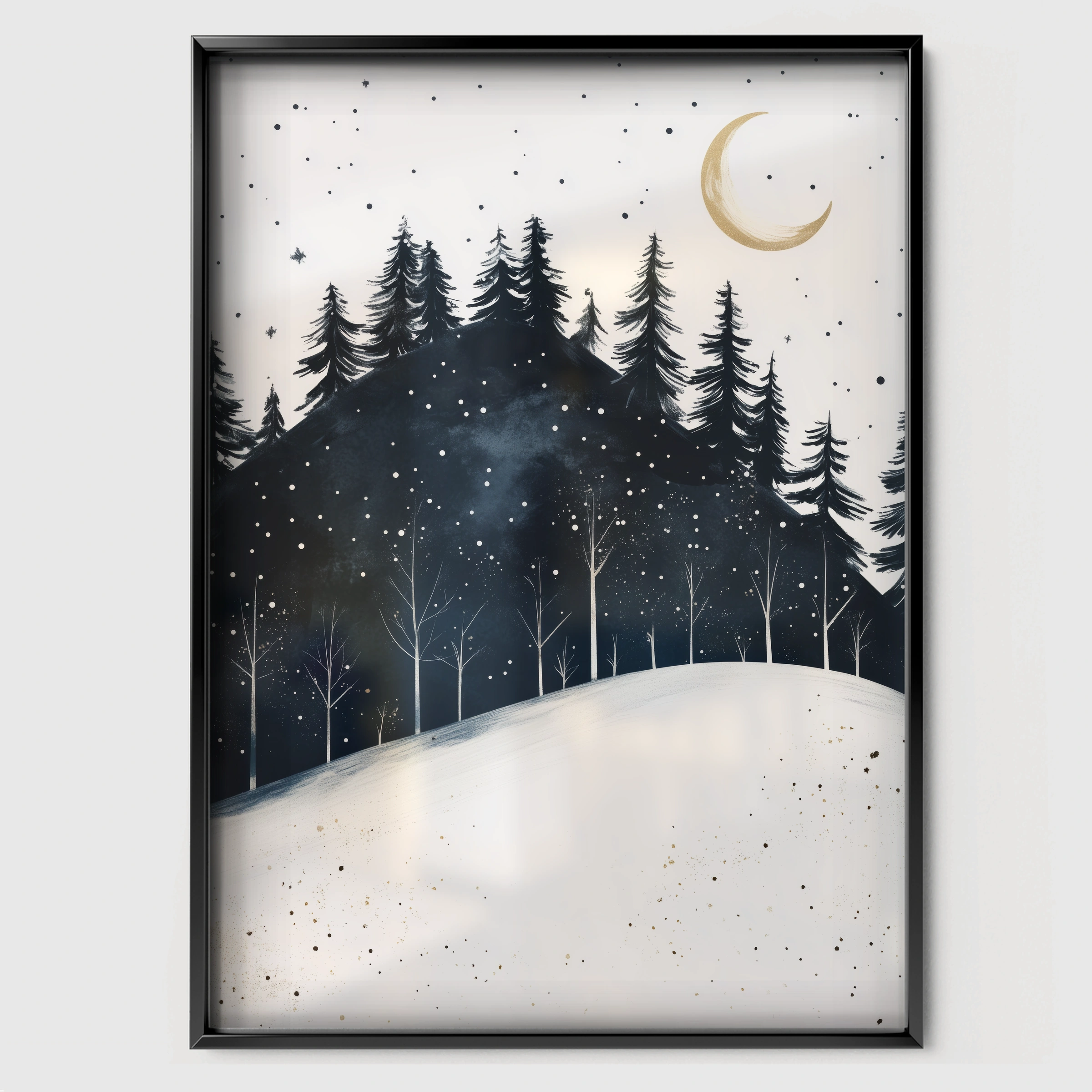 Forest at Night Christmas Print - black framed nursery wall art print