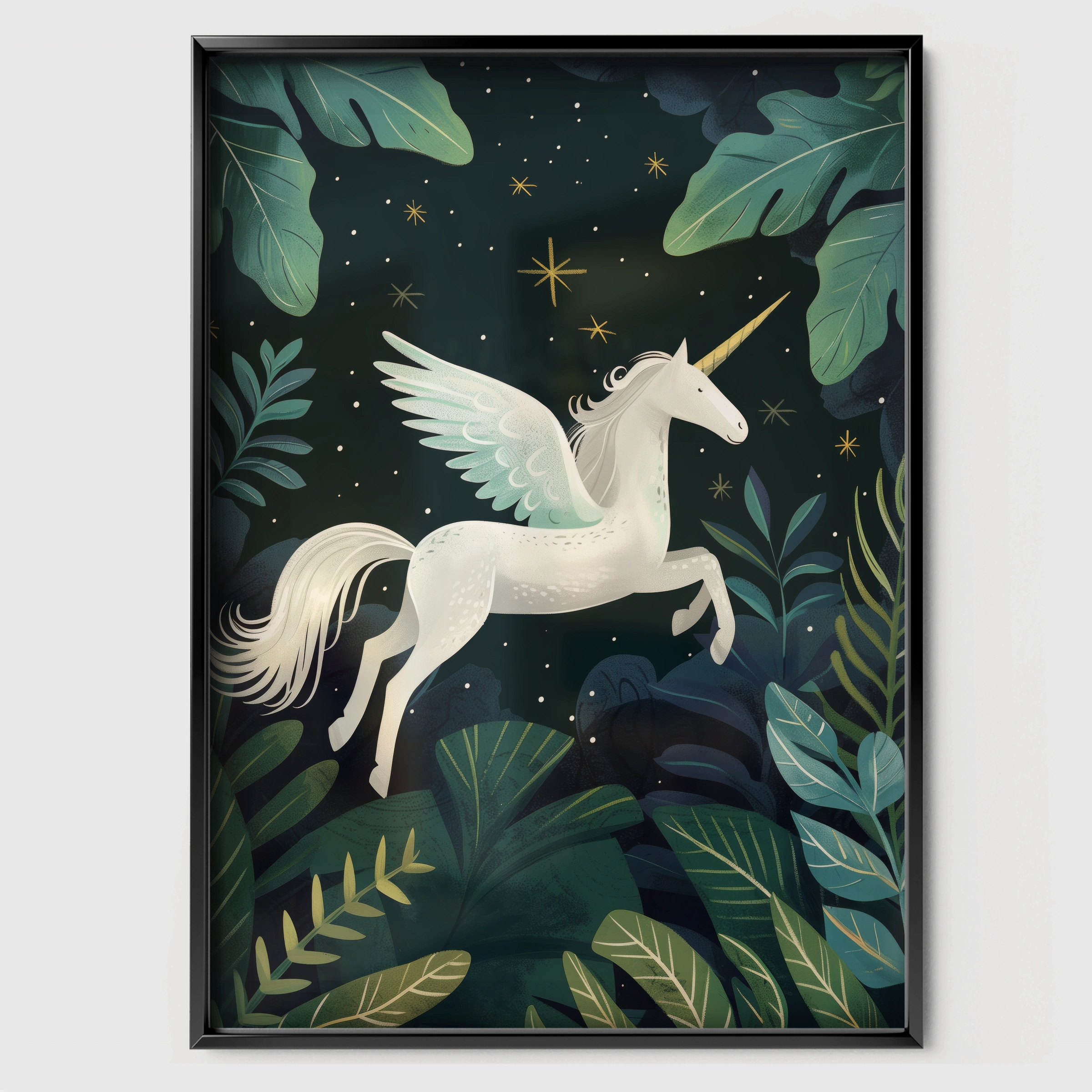 Forest Pegasus Nursery Print - black framed nursery wall art print