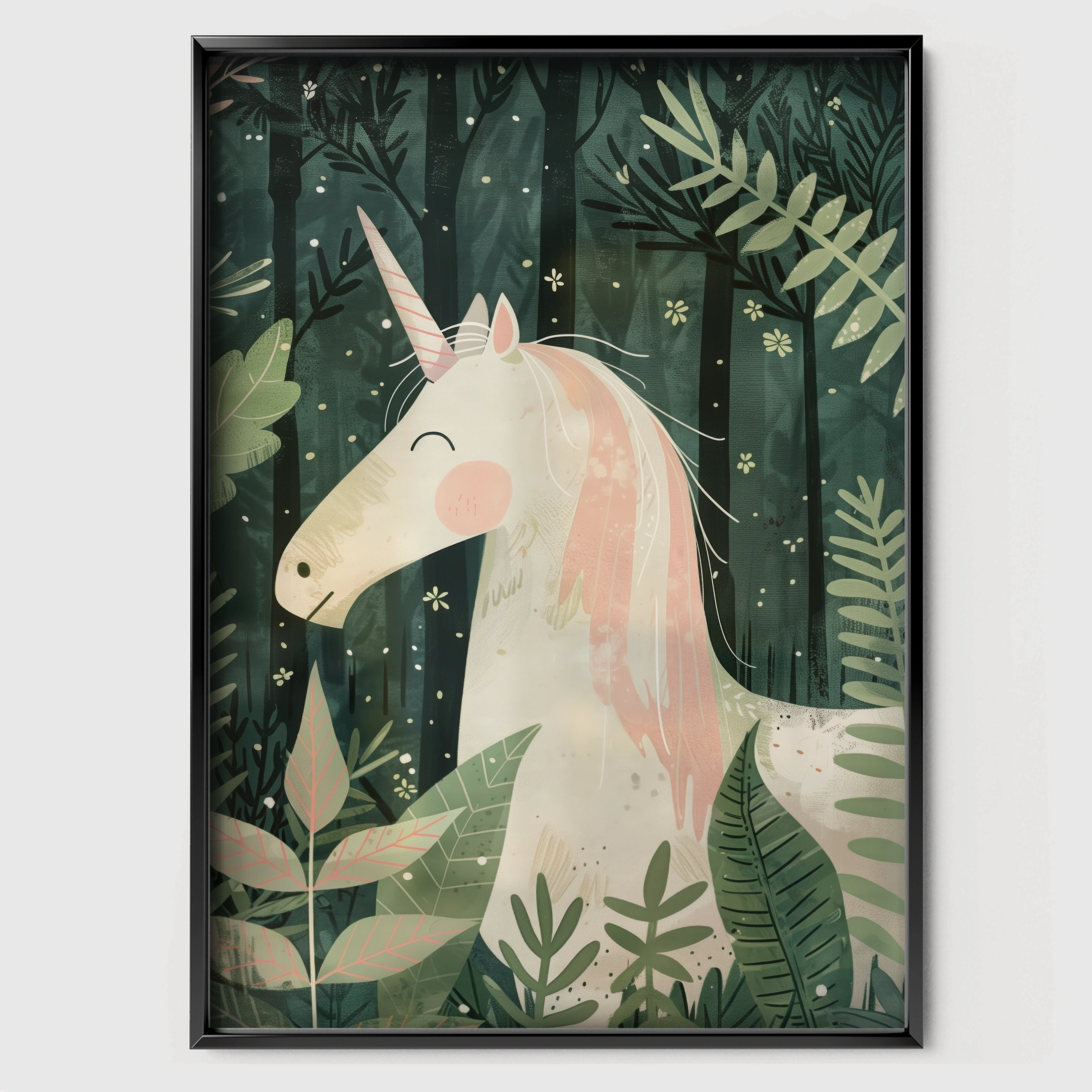 Forest Unicorn Nursery Print - black framed nursery wall art print