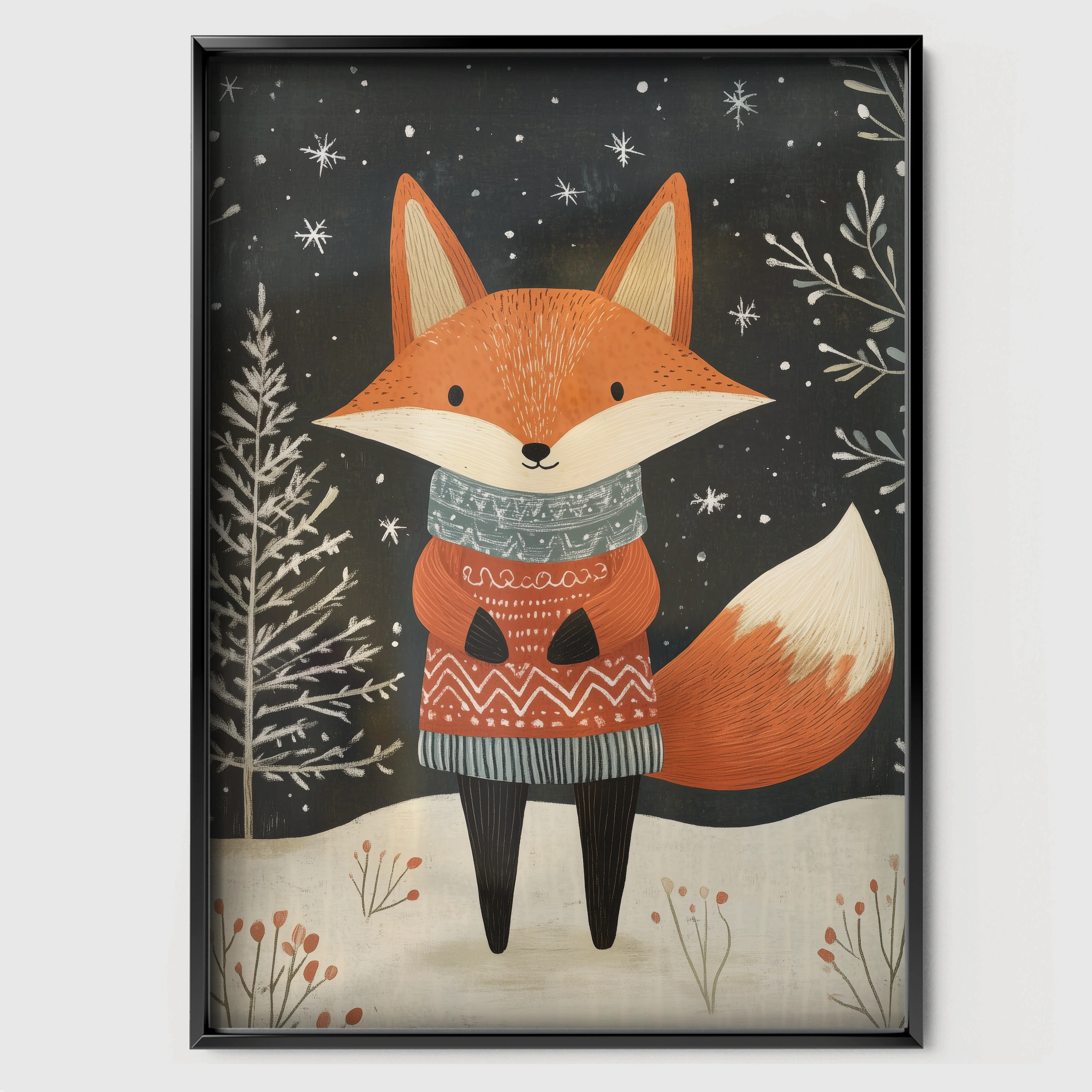 Fox in a Sweater Christmas Print - black framed nursery wall art print