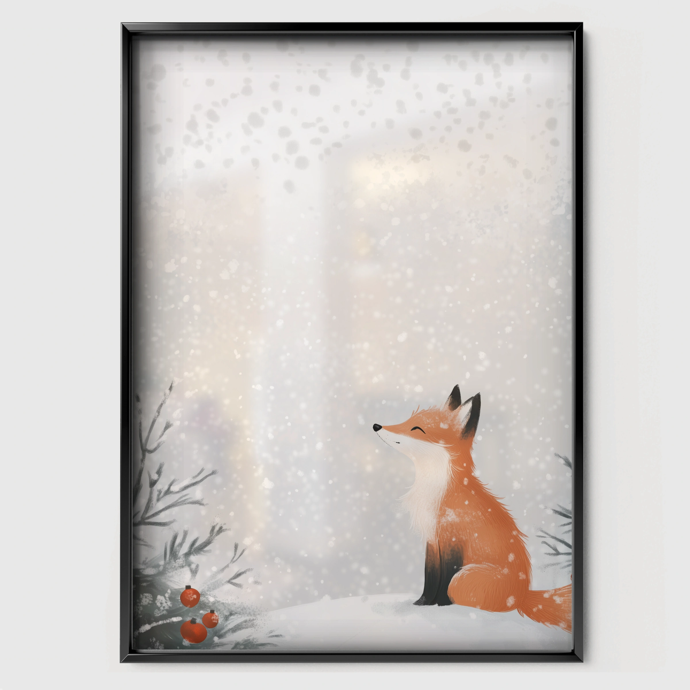 Fox in the Snow Christmas Print - black framed nursery wall art print