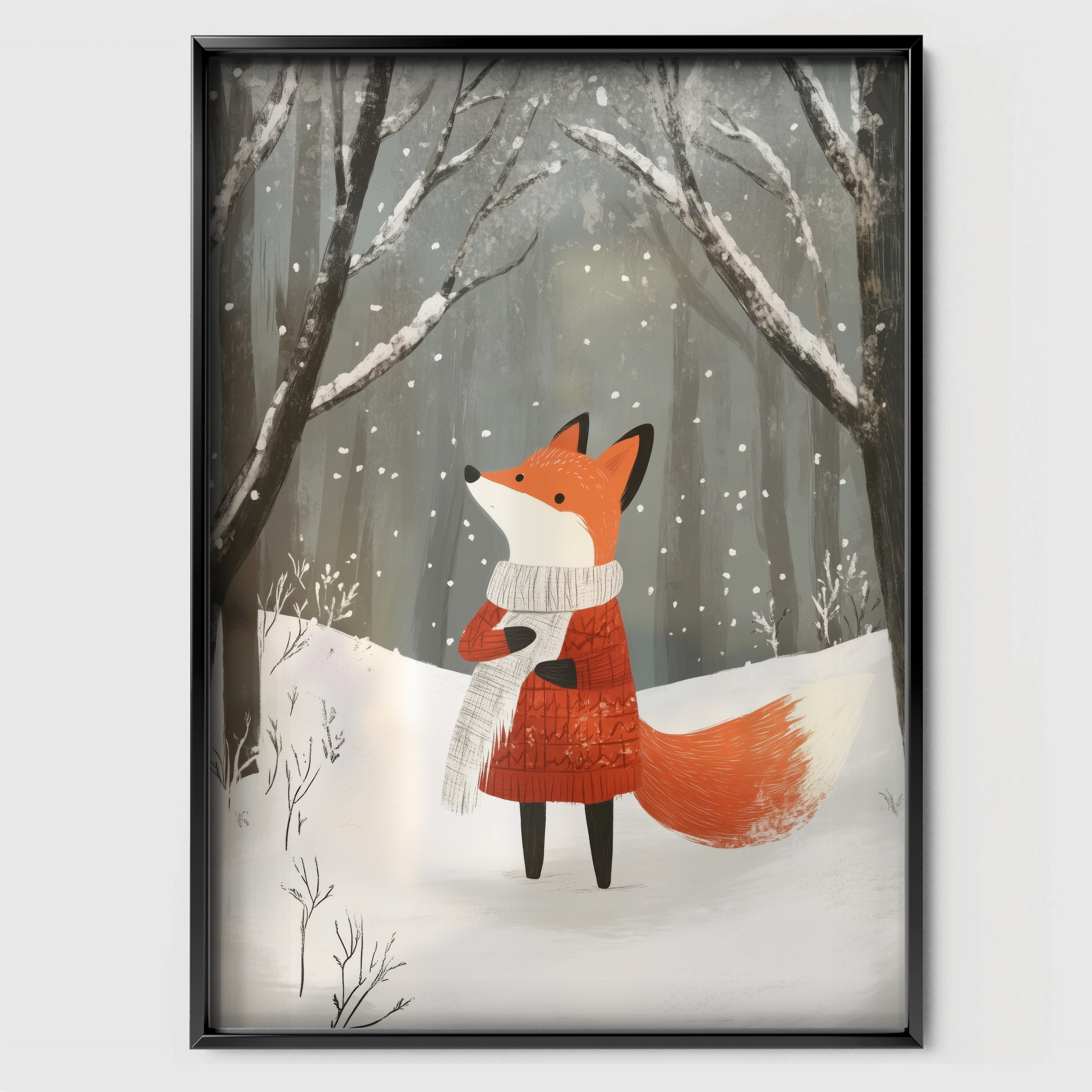Fox in the Winter Forest Christmas Print - black framed nursery wall art print