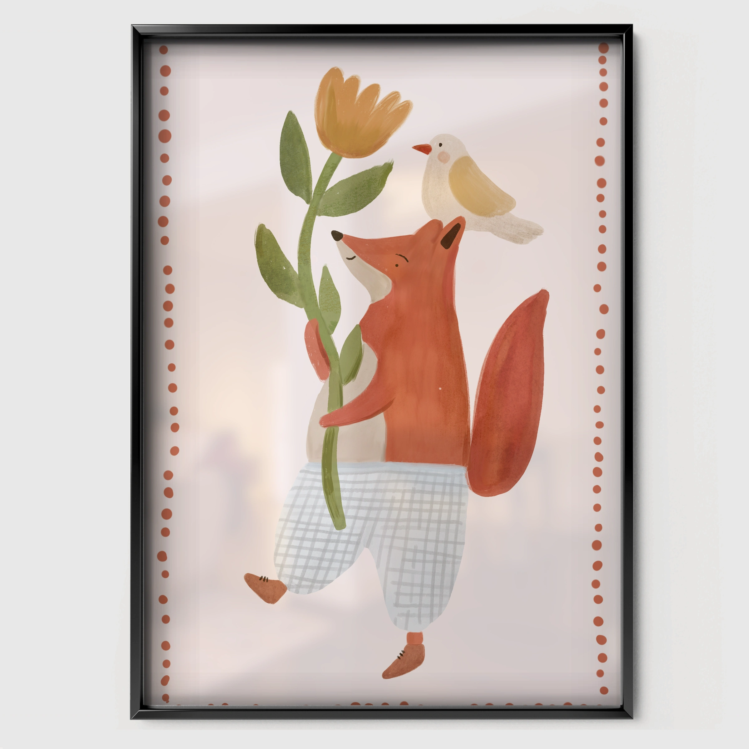 Fox with Flowers Nursery Print - black framed nursery wall art print