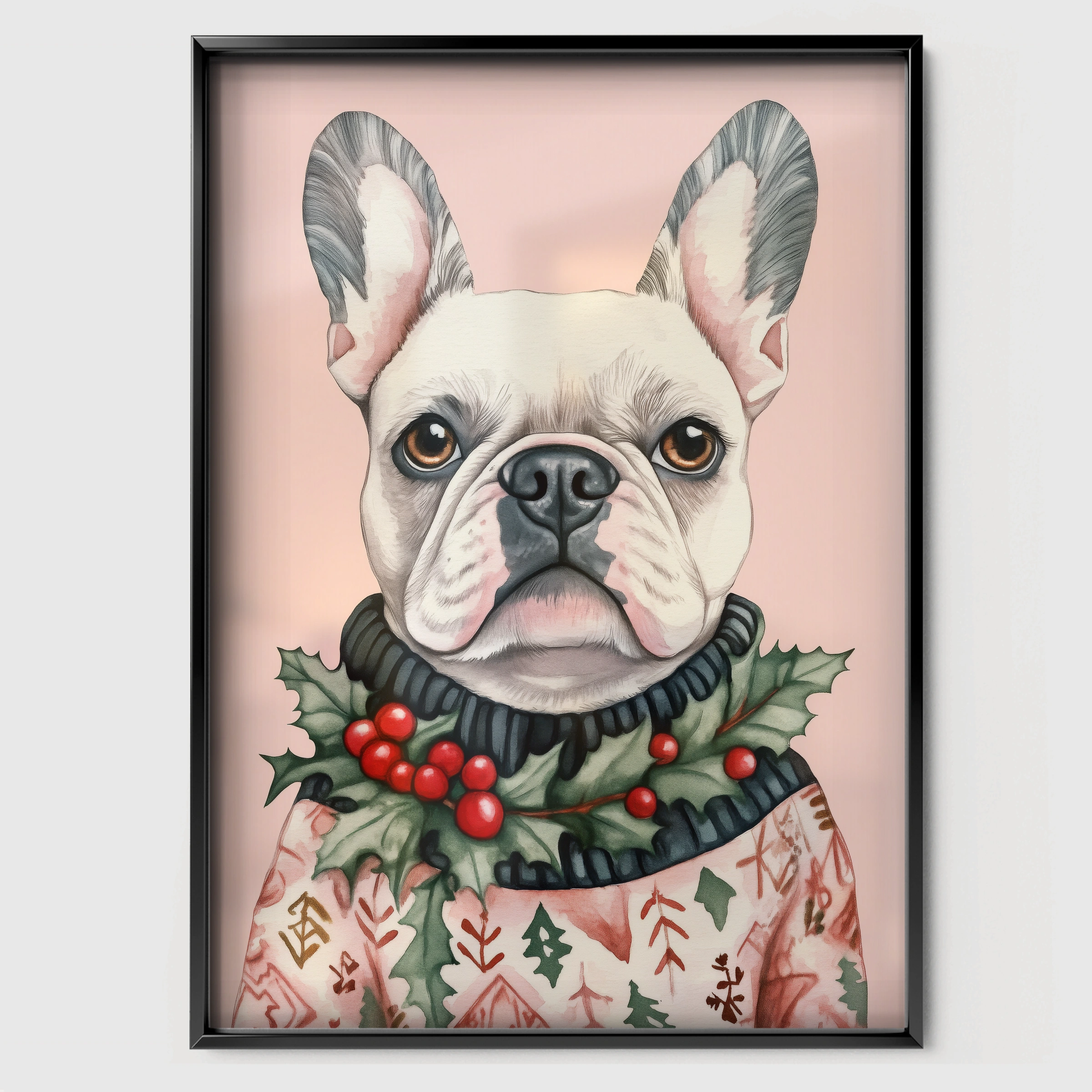 French Bulldog with a Wreath Christmas Print - black framed nursery wall art print