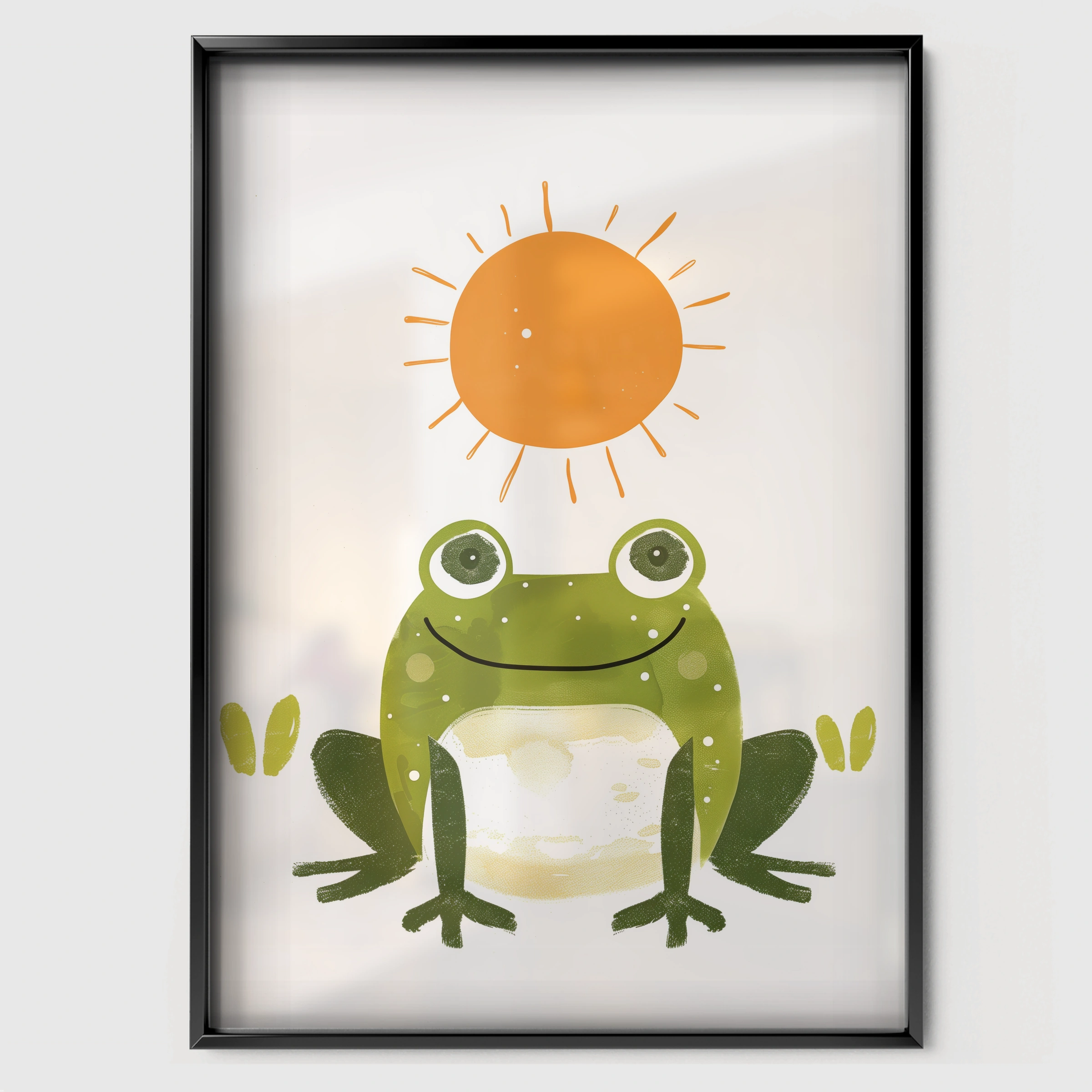 Frog and Sun Nursery Print - black framed nursery wall art print