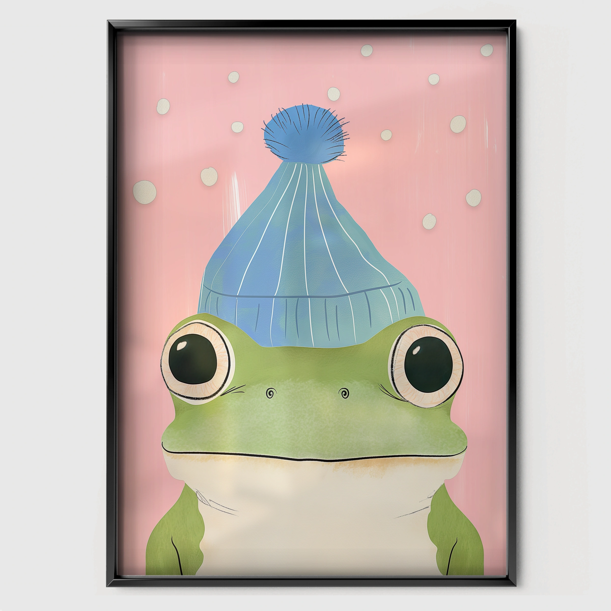 Frog in a Bobble Hat Nursery Print - black framed nursery wall art print