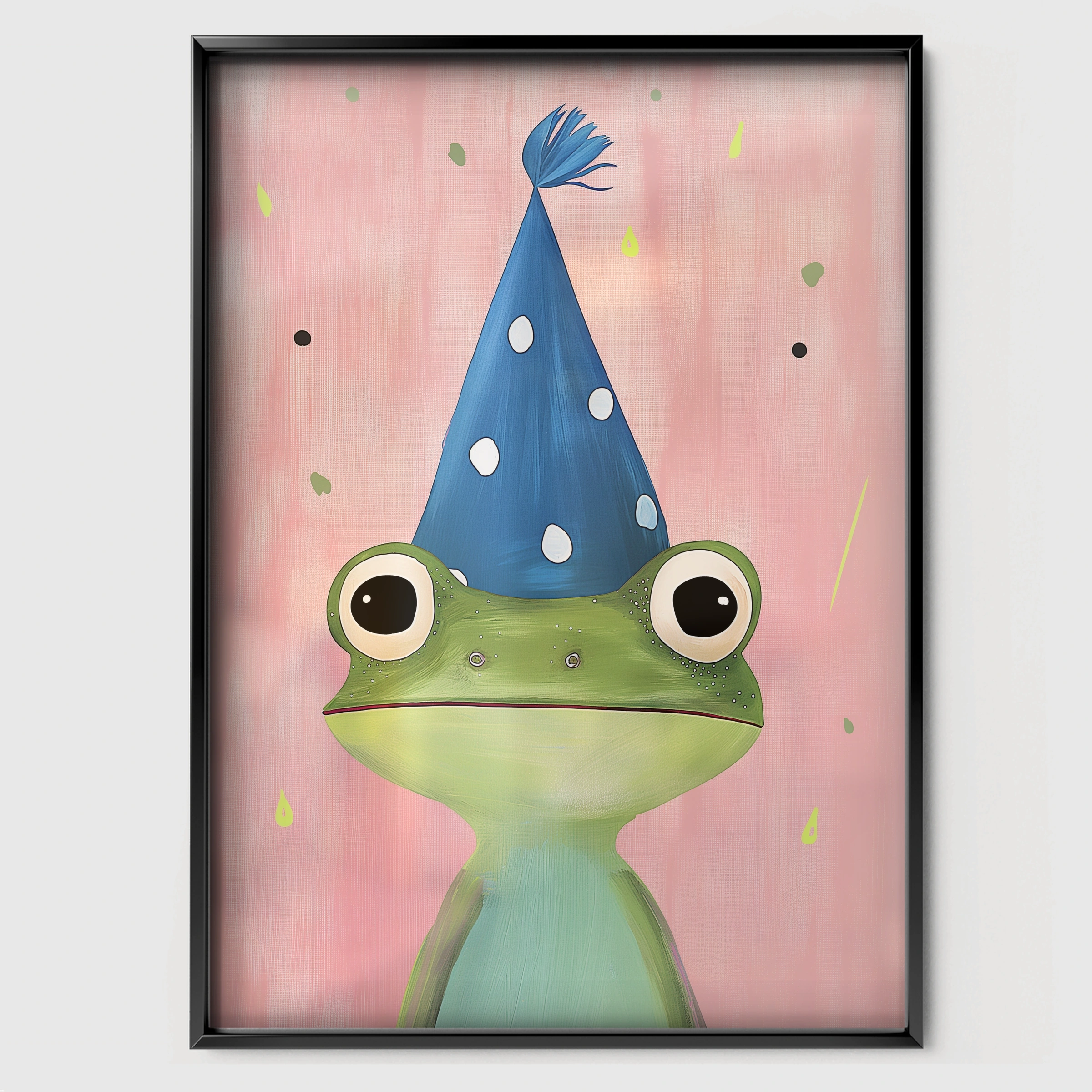 Frog in a Party Hat Nursery Print - black framed nursery wall art print