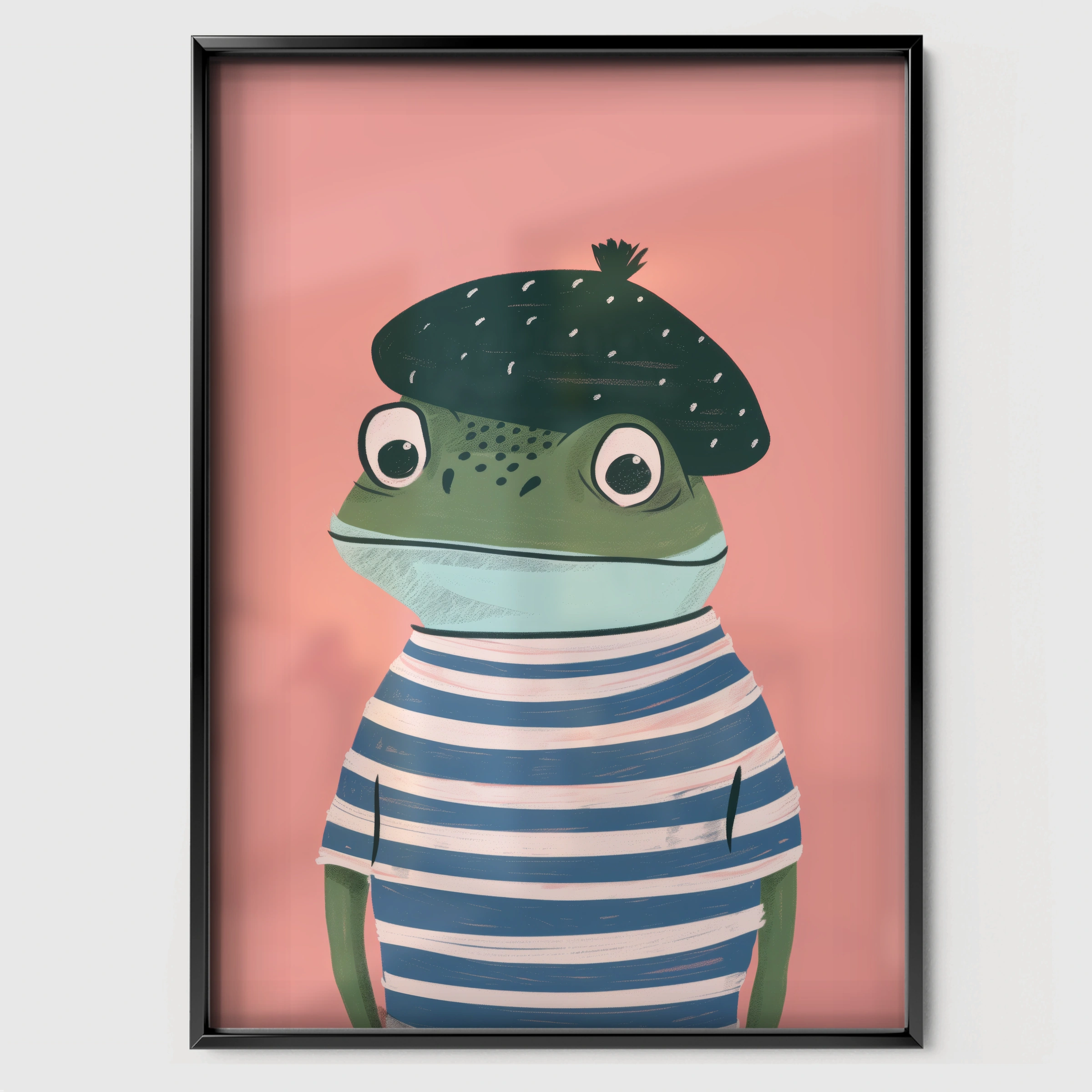 Frog in a Striped Top Nursery Print - black framed nursery wall art print