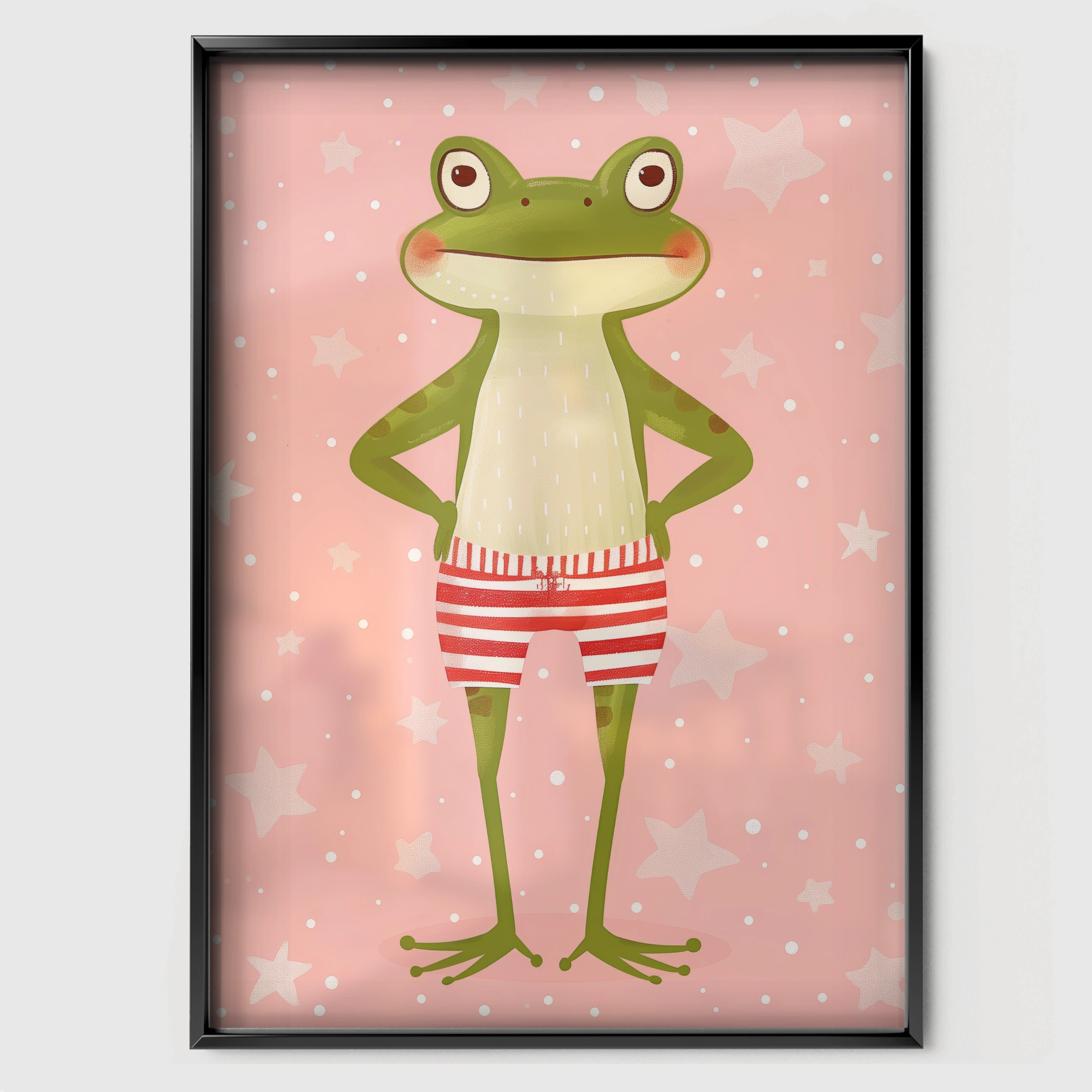 Frog in Swim Trunks Nursery Print - black framed nursery wall art print