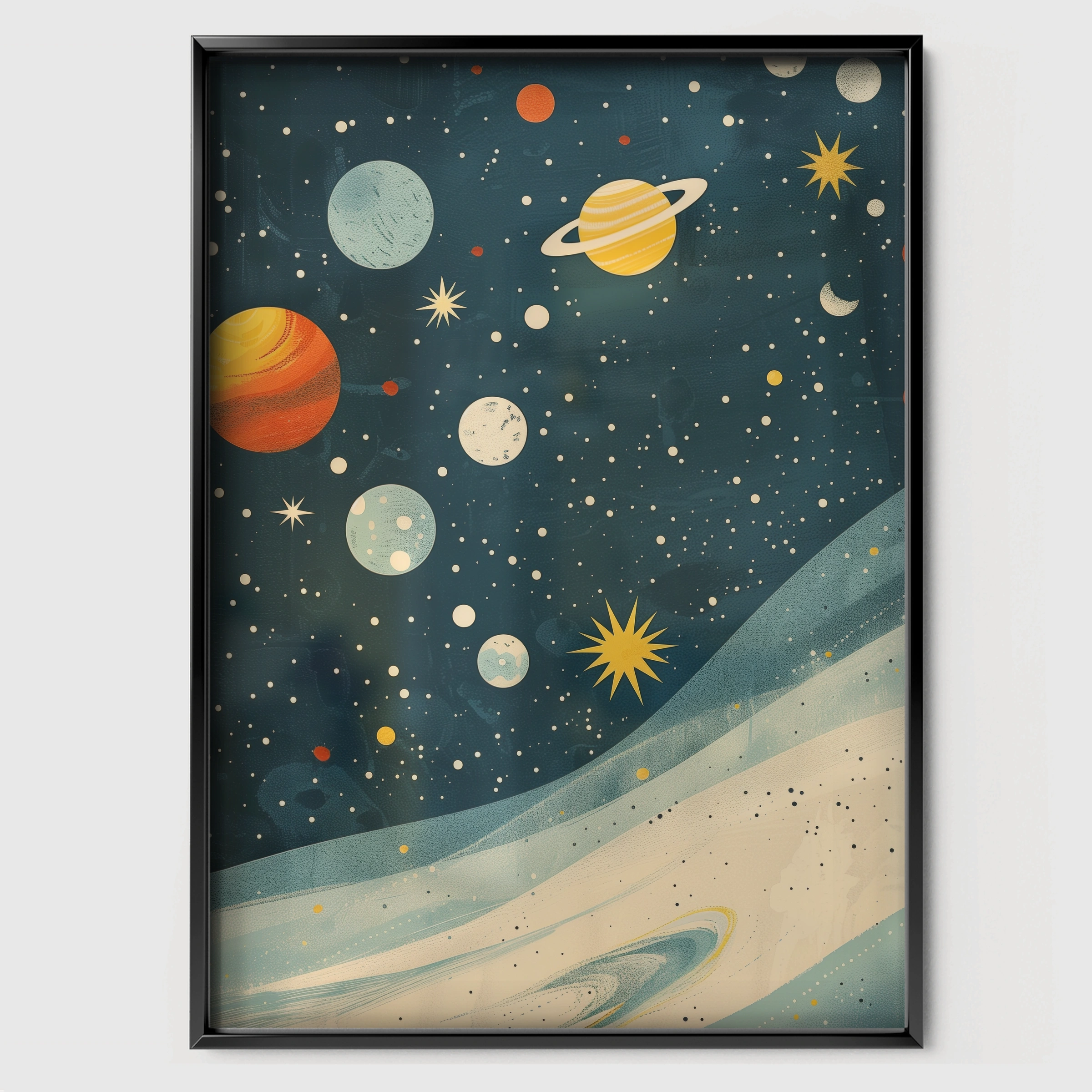 Galaxy Planets Nursery Print - black framed nursery wall art print