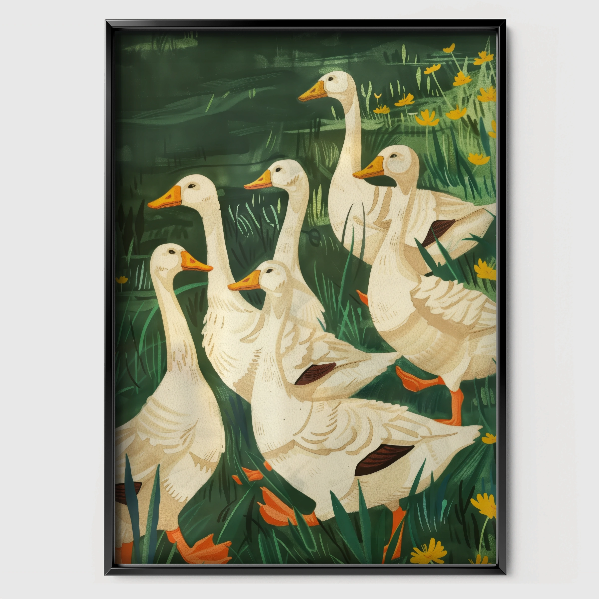 Geese in the Meadow Nursery Print - black framed nursery wall art print