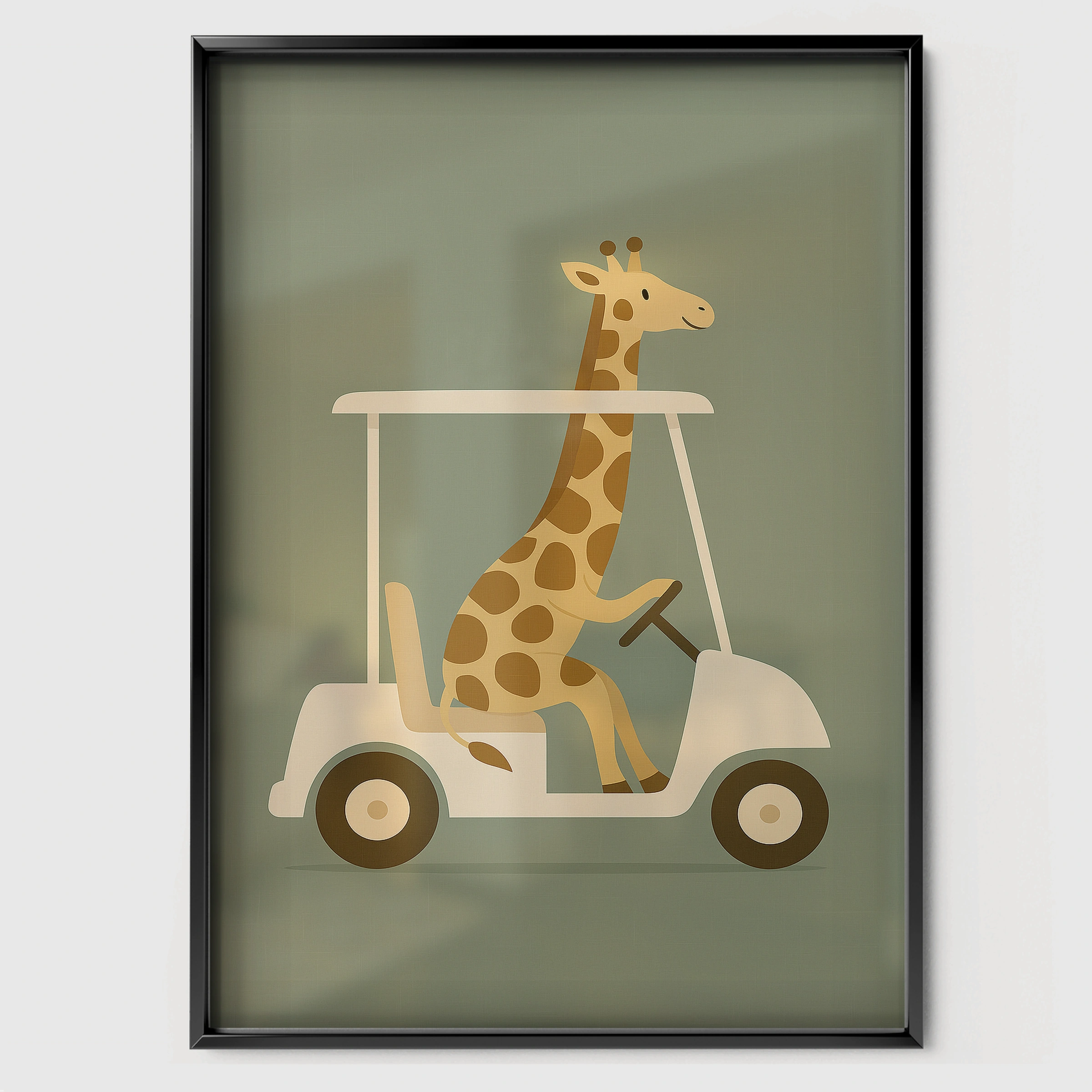 Giraffe Golf Cart Nursery Print - black framed nursery wall art print