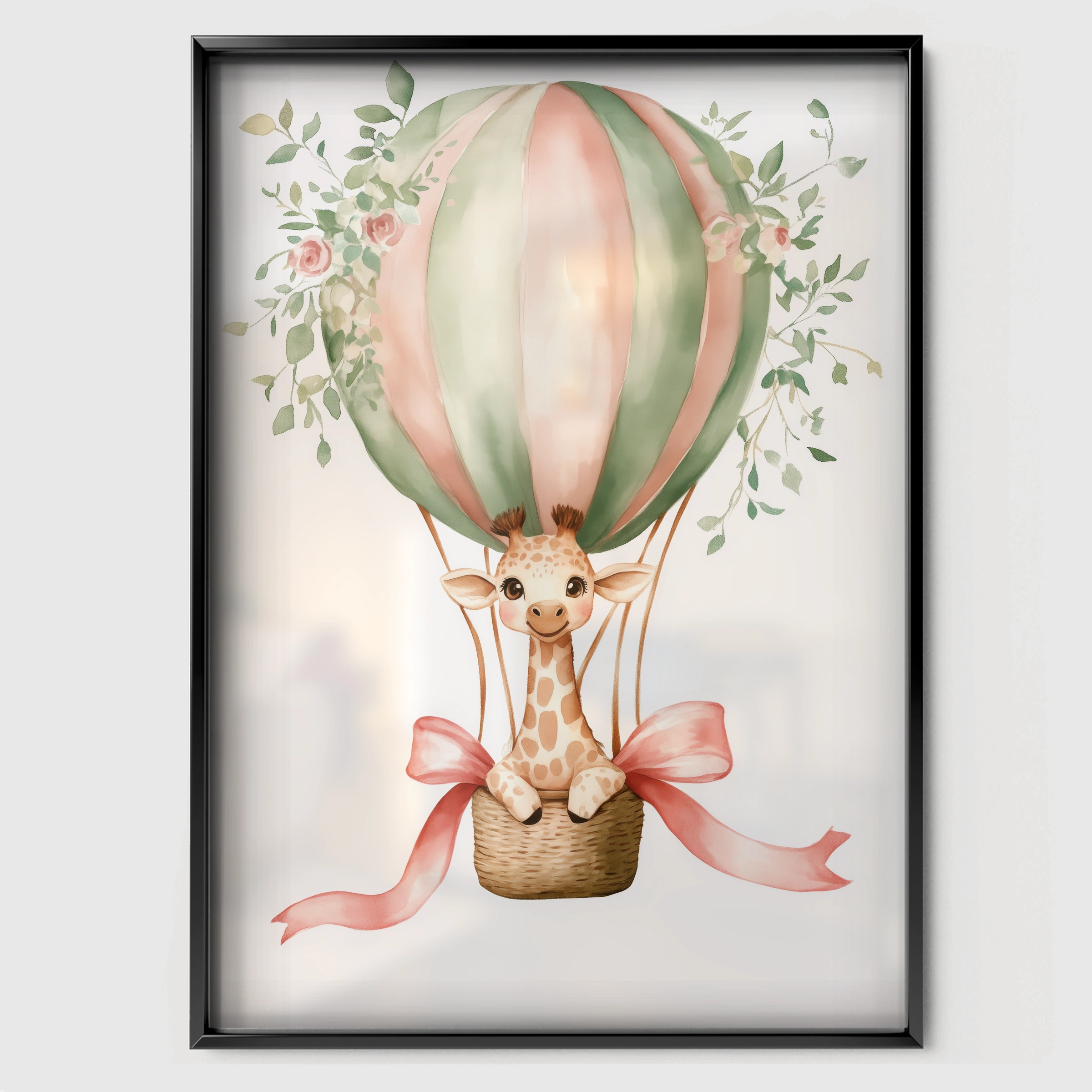 Giraffe Hot Air Balloon Nursery Print - black framed nursery wall art print