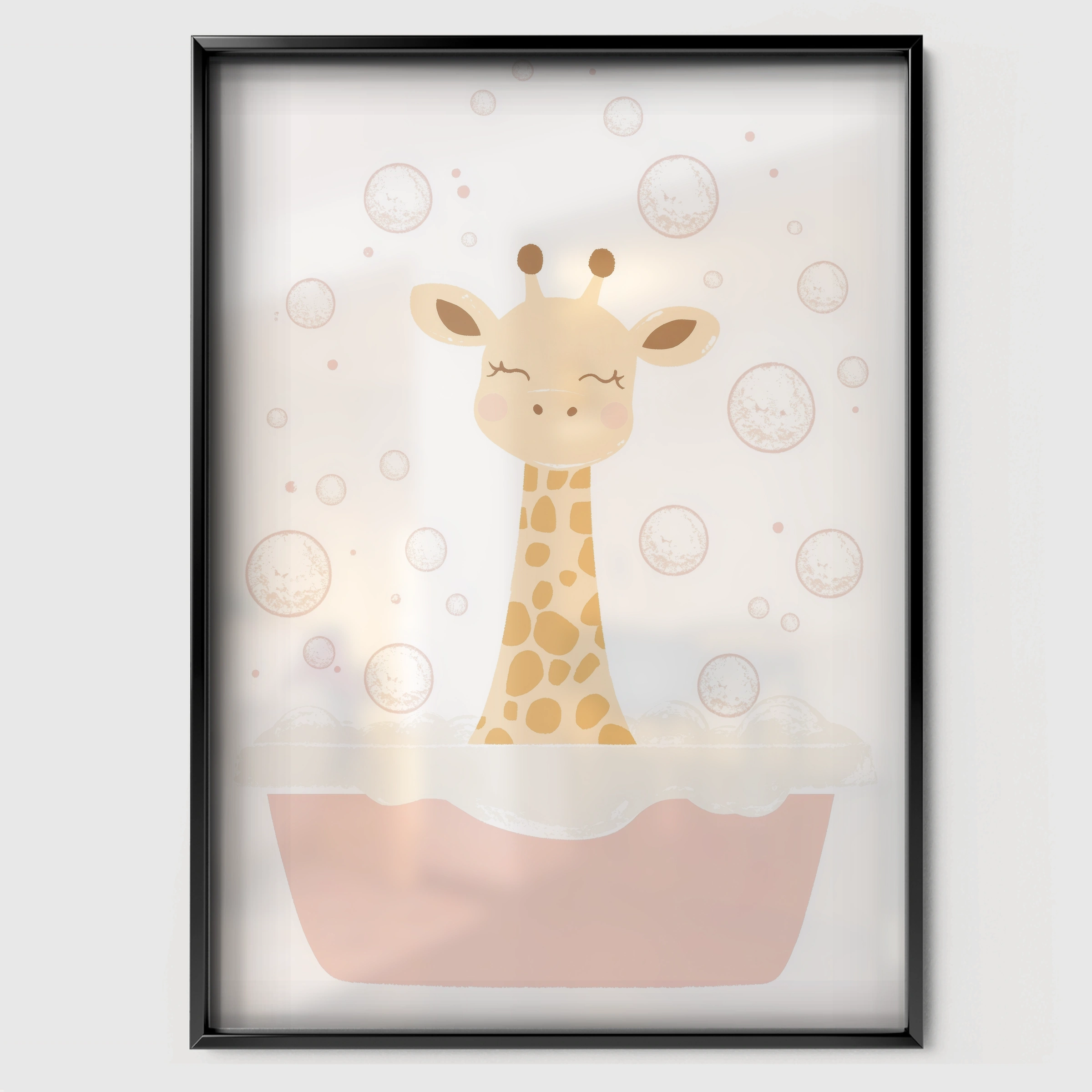 Giraffe in the Bath Nursery Print - black framed nursery wall art print