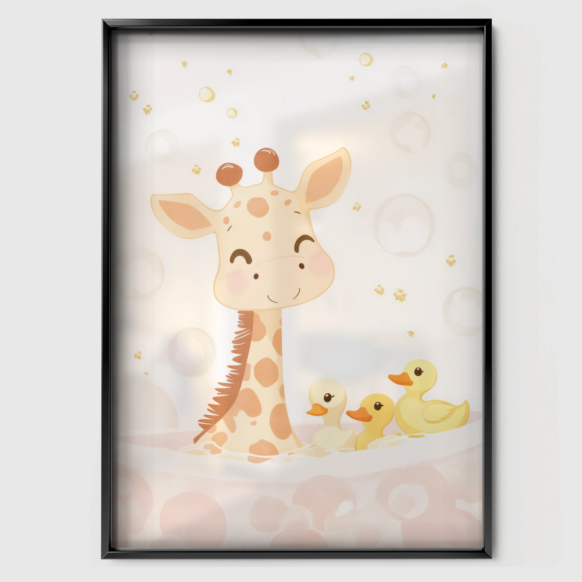 Giraffe in the Bath Two Nursery Print - black framed nursery wall art print