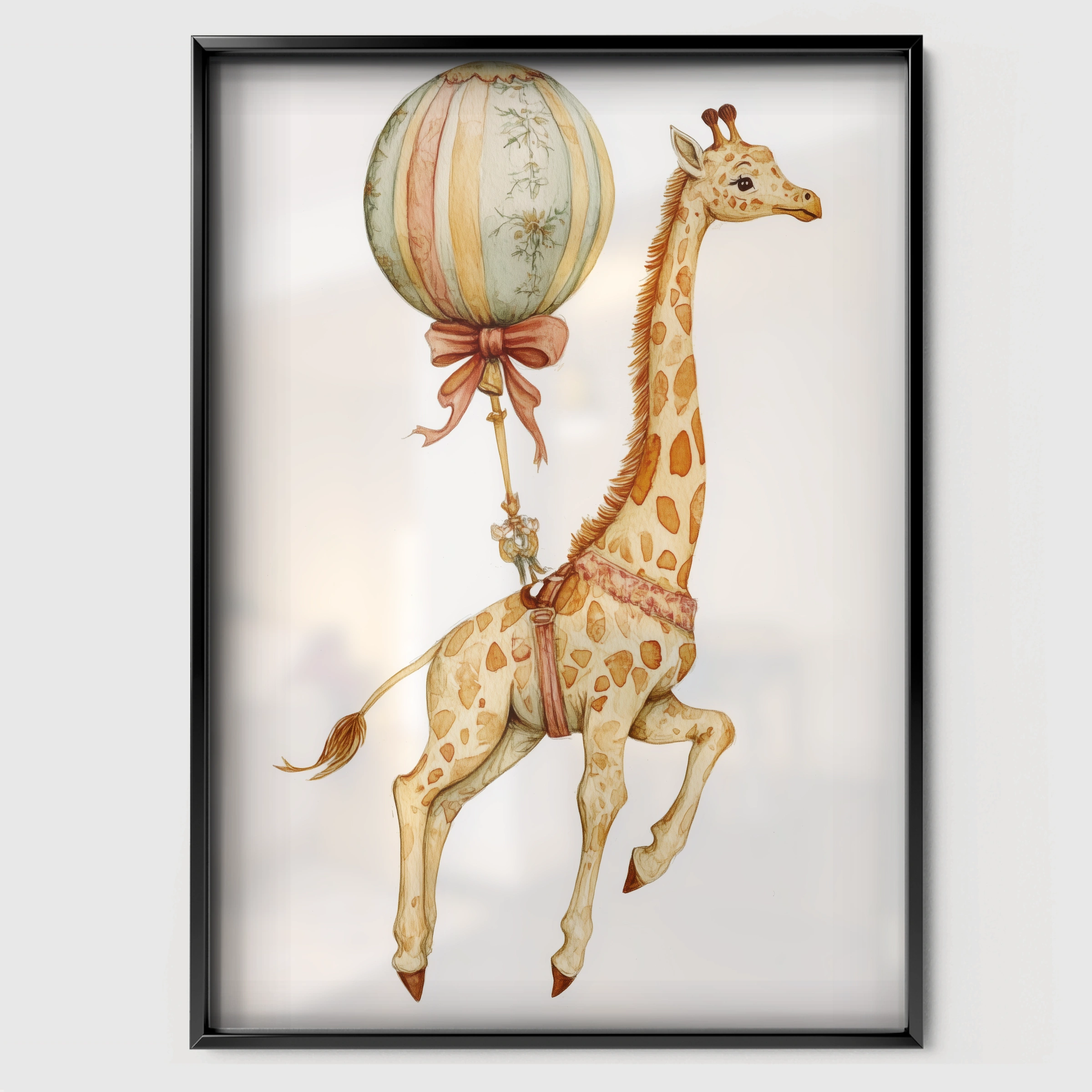 Giraffe with a Balloon Nursery Print - black framed nursery wall art print