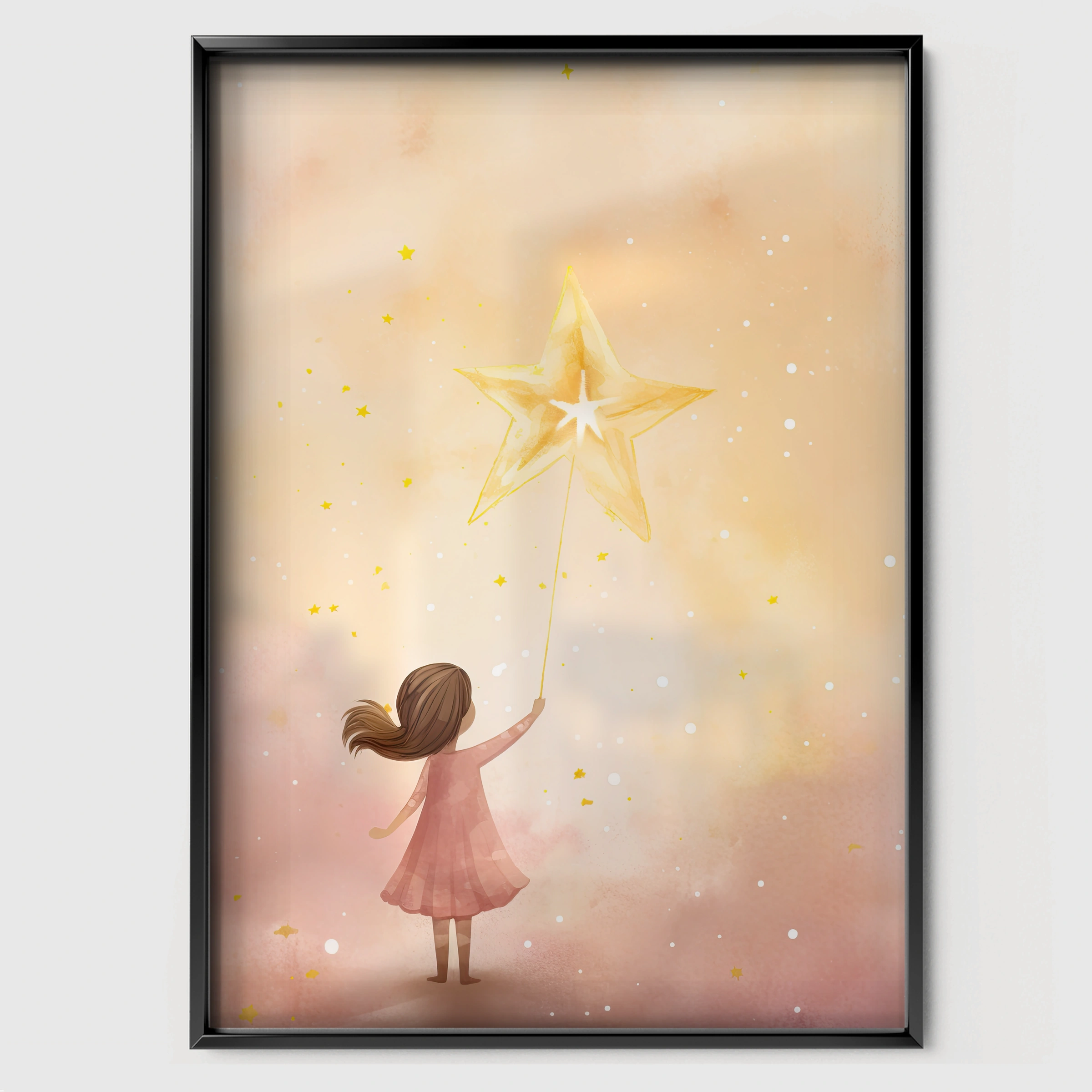Girl and a Star Nursery Print - black framed nursery wall art print