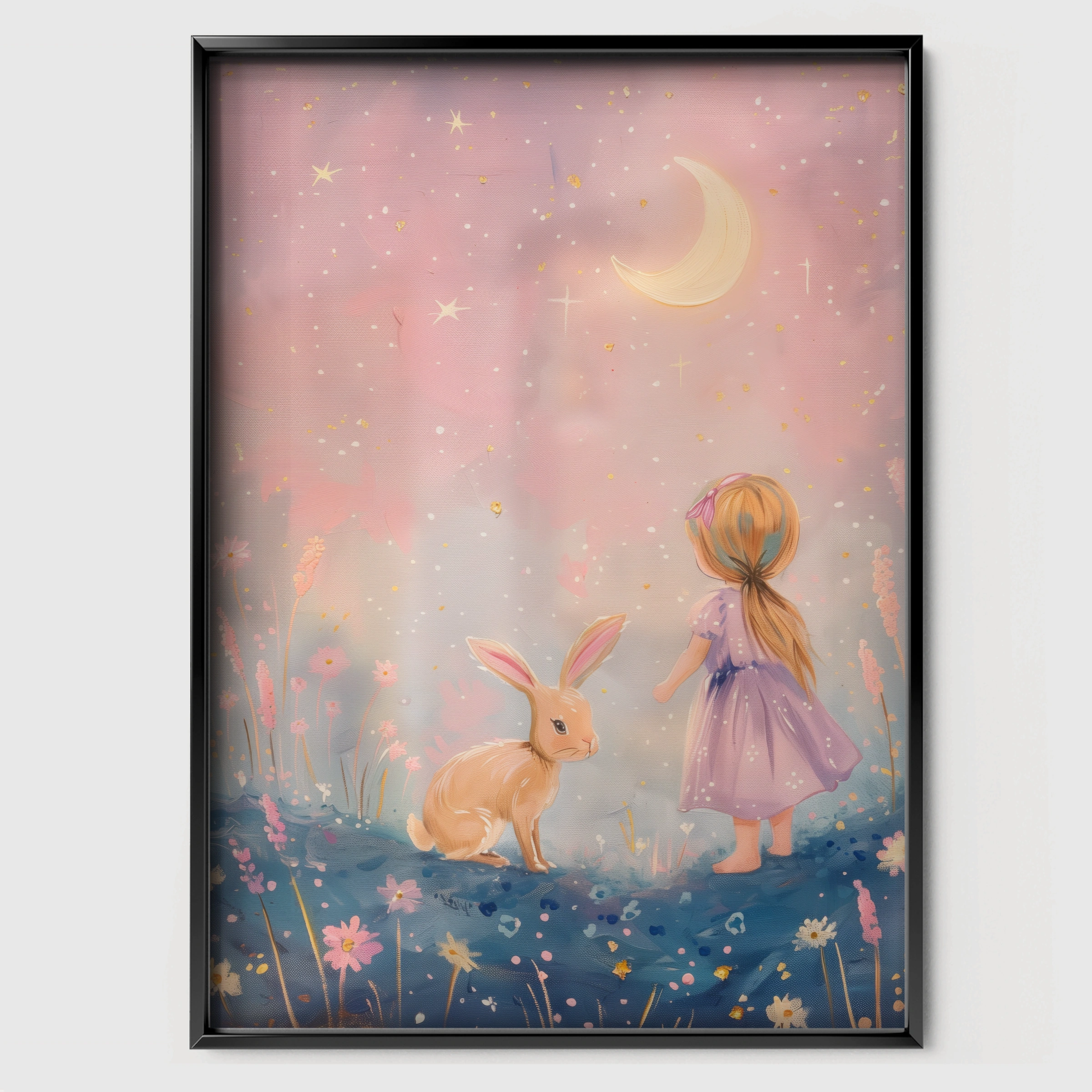 Girl and Bunny at Night Nursery Print - black framed nursery wall art print