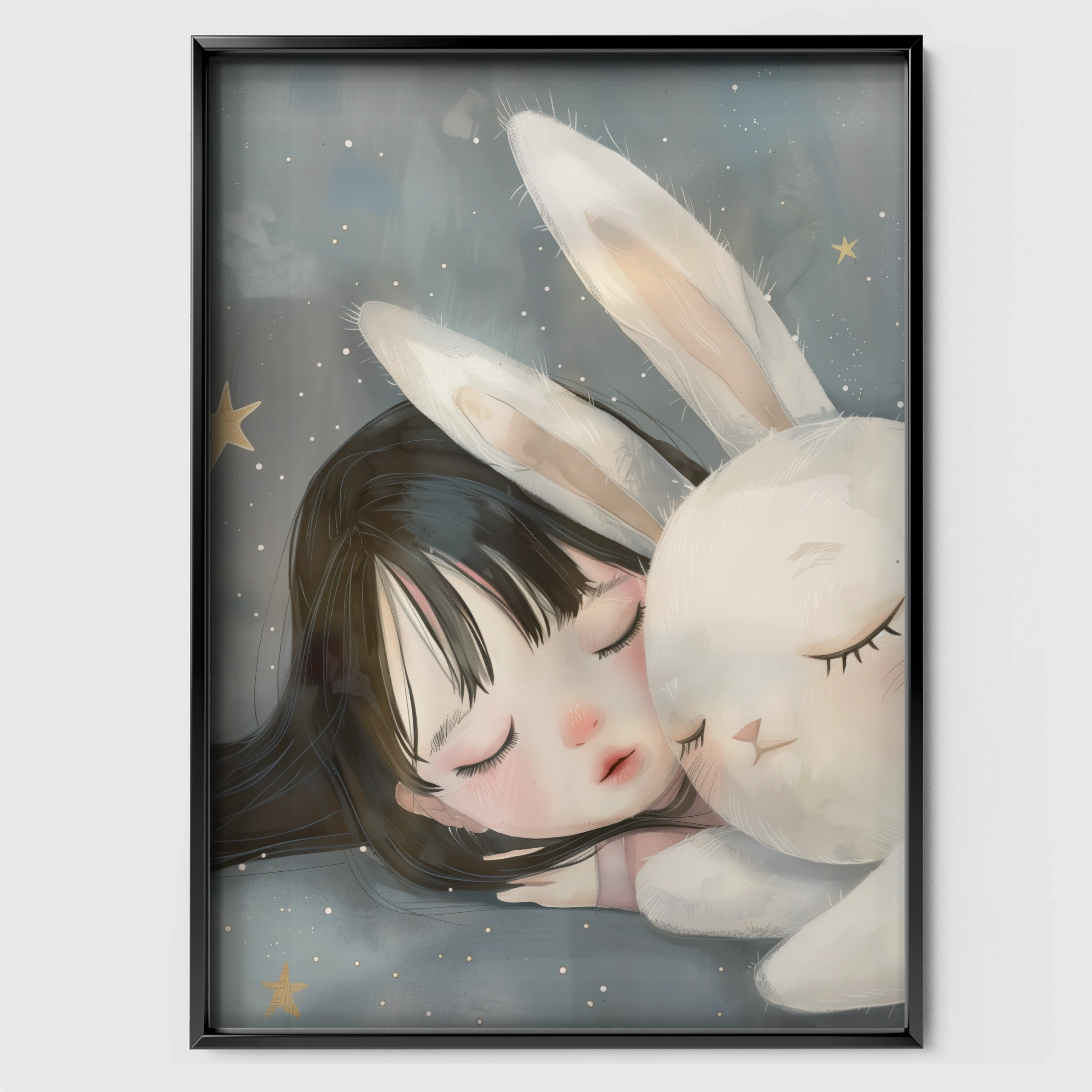 Girl and Bunny Sleeping Nursery Print - black framed nursery wall art print