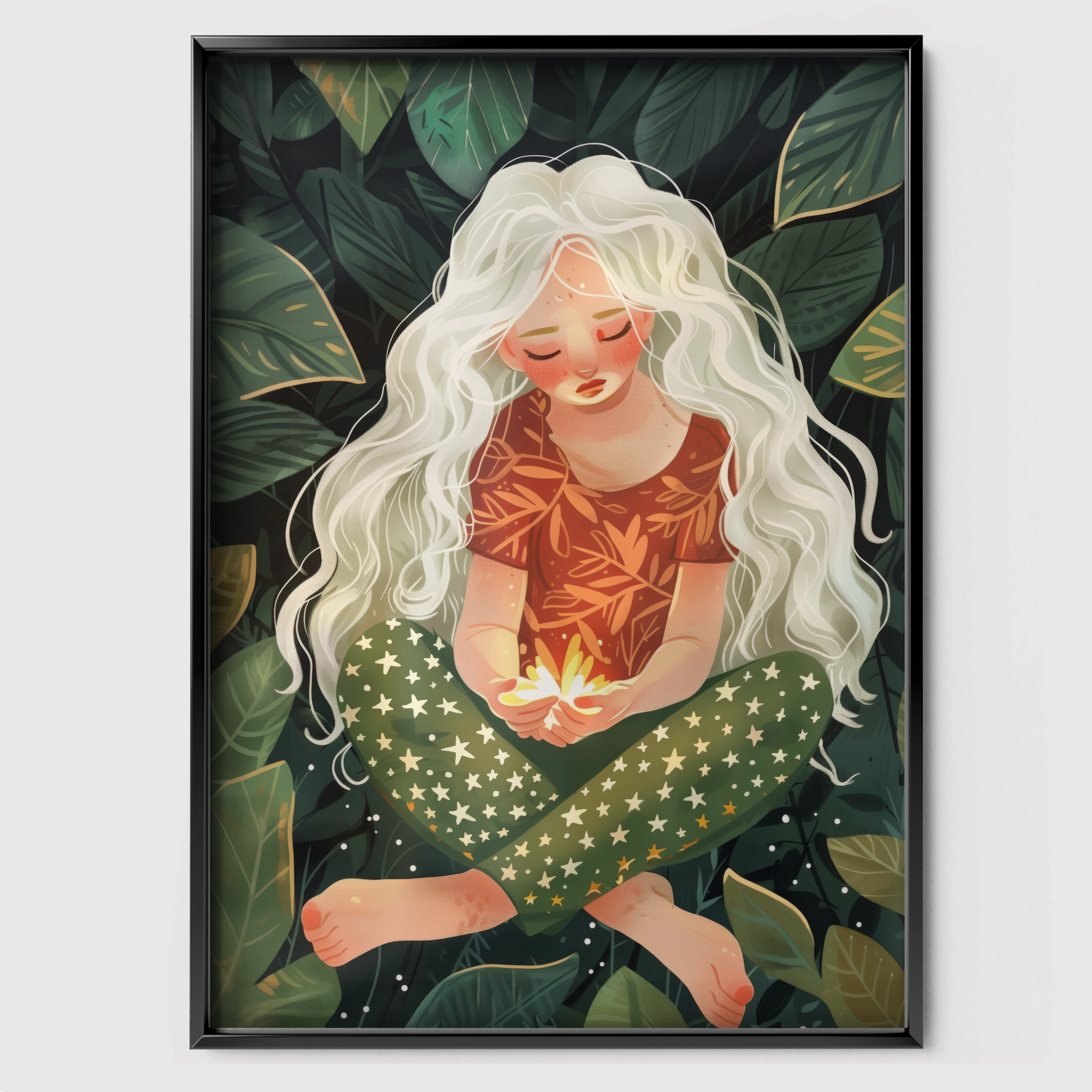Girl and Fireflies Nursery Print - black framed nursery wall art print