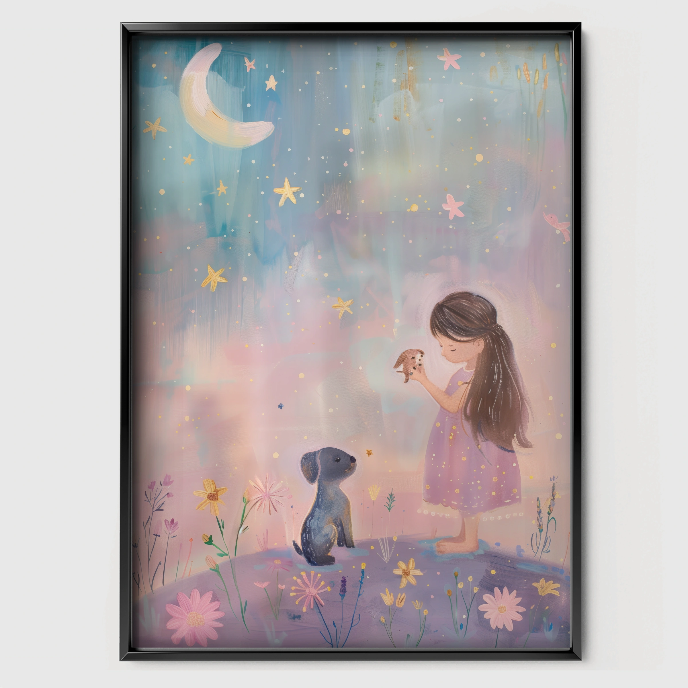 Girl and Puppy in a Meadow Nursery Print - black framed nursery wall art print