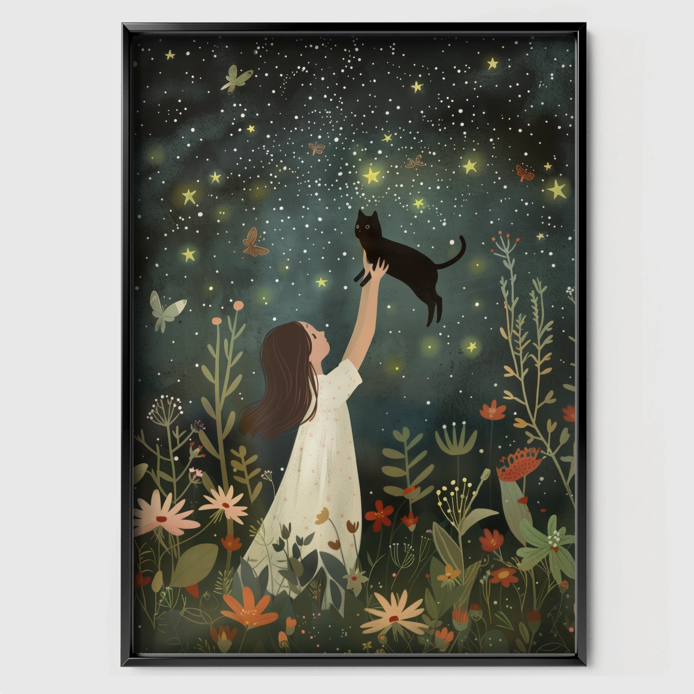 Girl and the Cat at Night Nursery Print - black framed nursery wall art print