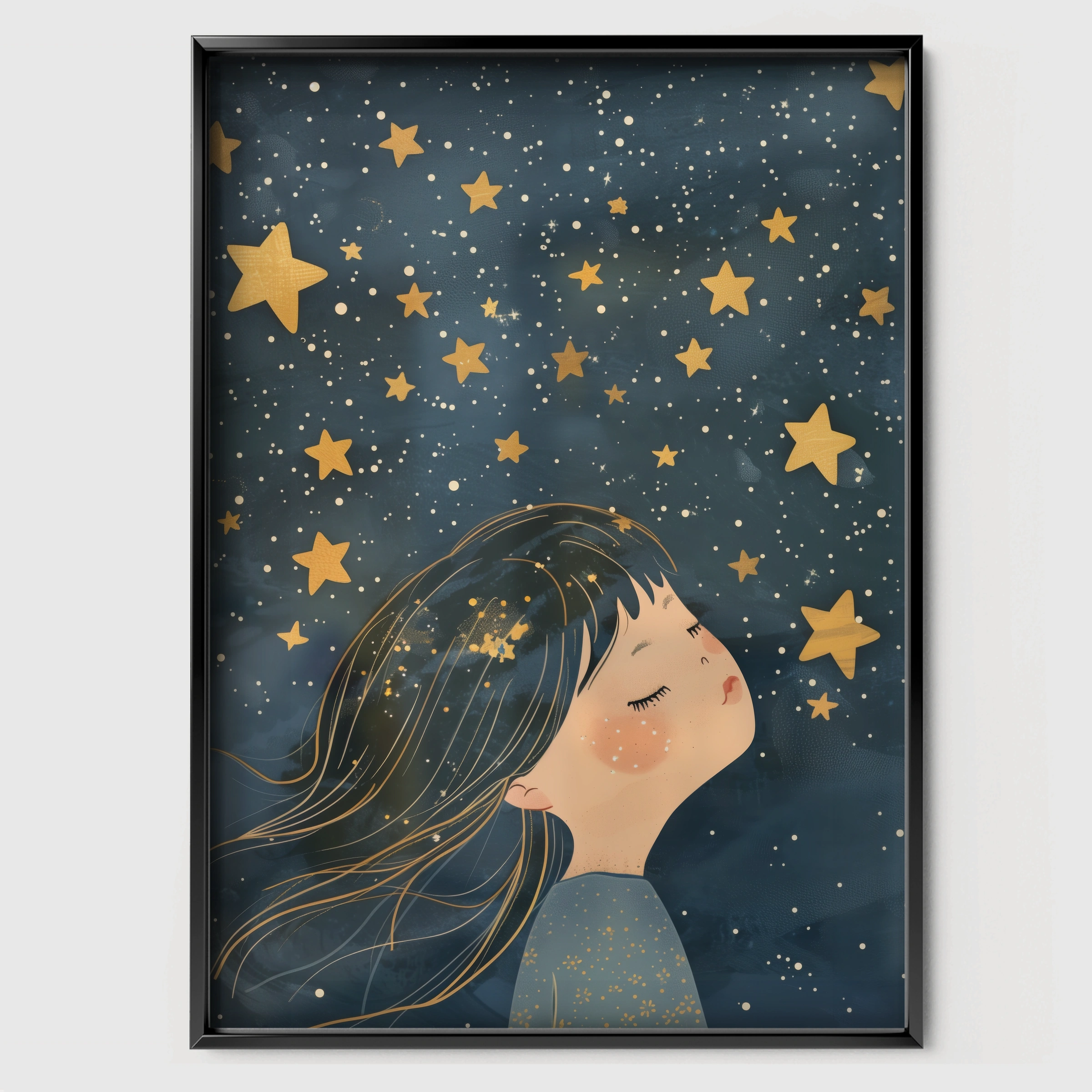 Girl and the Stars Nursery Print - black framed nursery wall art print
